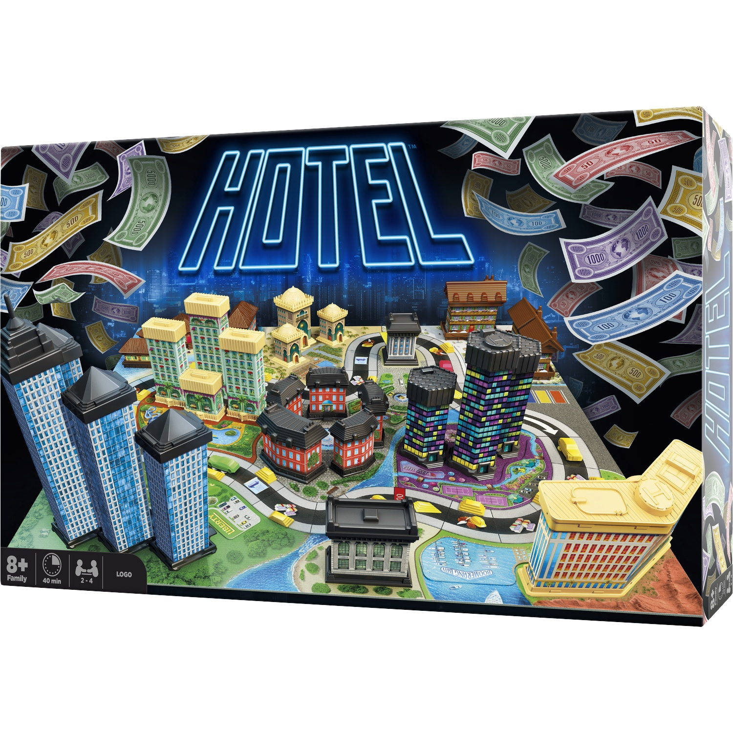 Hotel board game box featuring a 3D miniature city with colorful hotels and falling money.