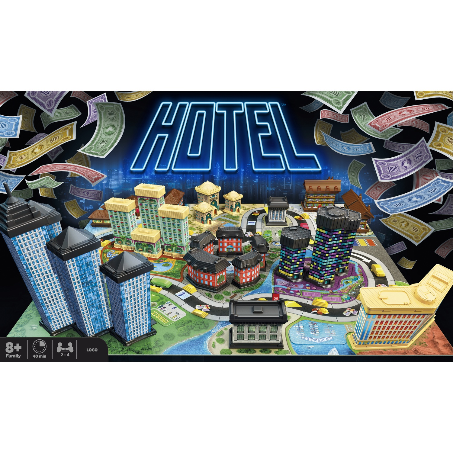 Hotel board game featuring colorful miniature buildings, roads, and falling banknotes against a black background.