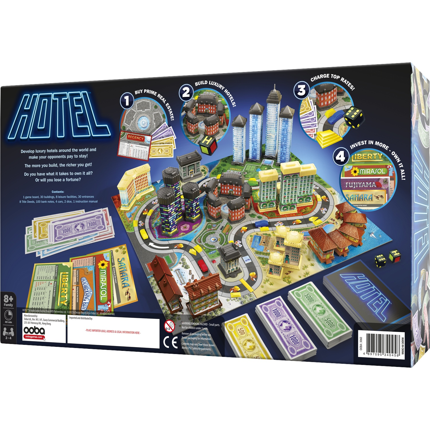 Packaging for the Hotel board game featuring colorful property models, paper money, and dice.