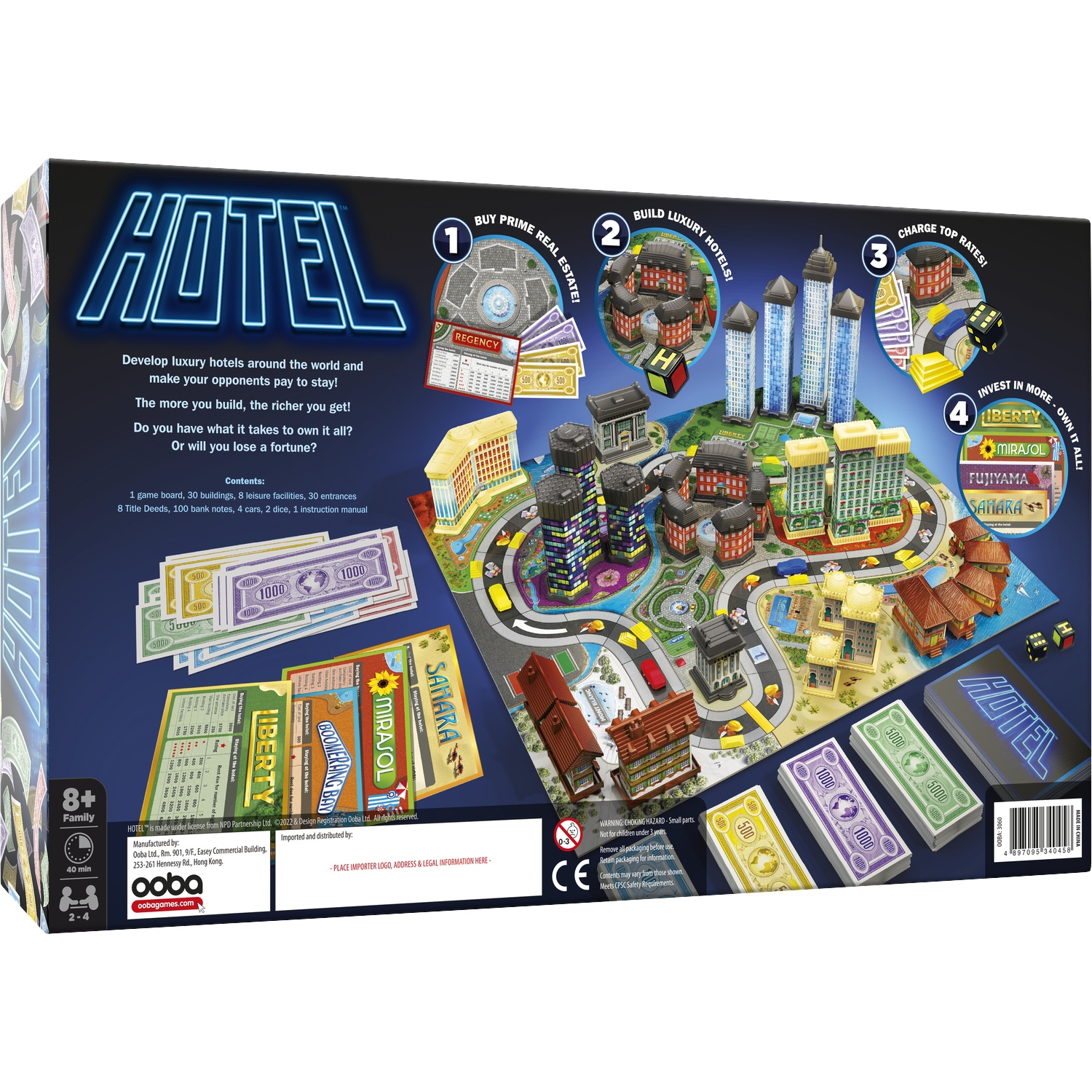 Back of the Hotel board game box showing the game board, currency, and hotel models on a dark background.