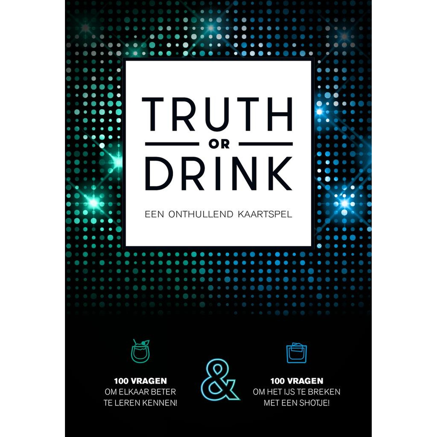 Card game box for "Truth or Drink" featuring a blue sparkly background.