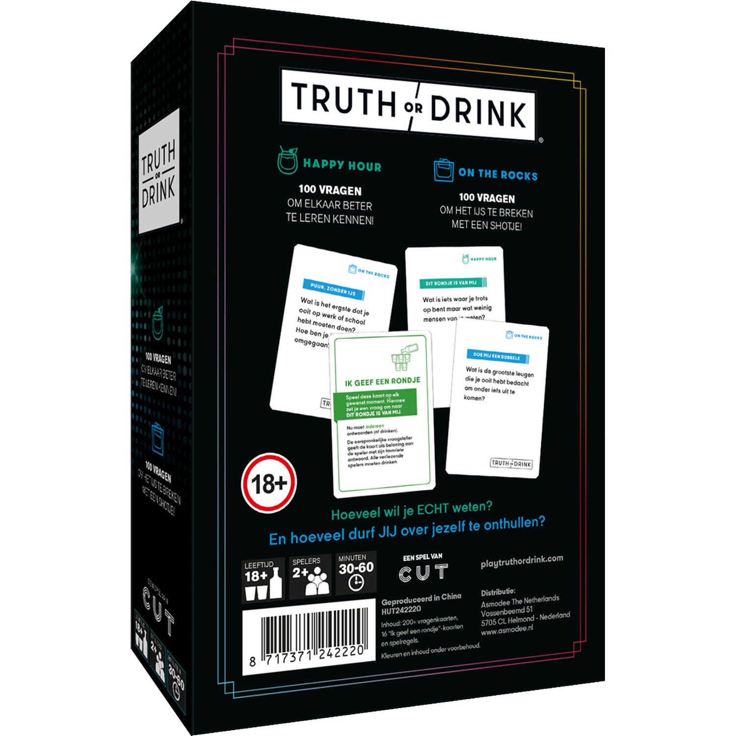 Back of the black Truth or Drink card game box featuring four sample cards, a barcode, and game details.