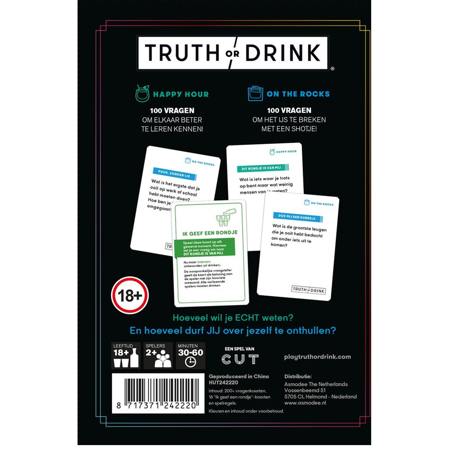 Back of the Truth or Drink card game box showing game rules and sample cards on a black background.