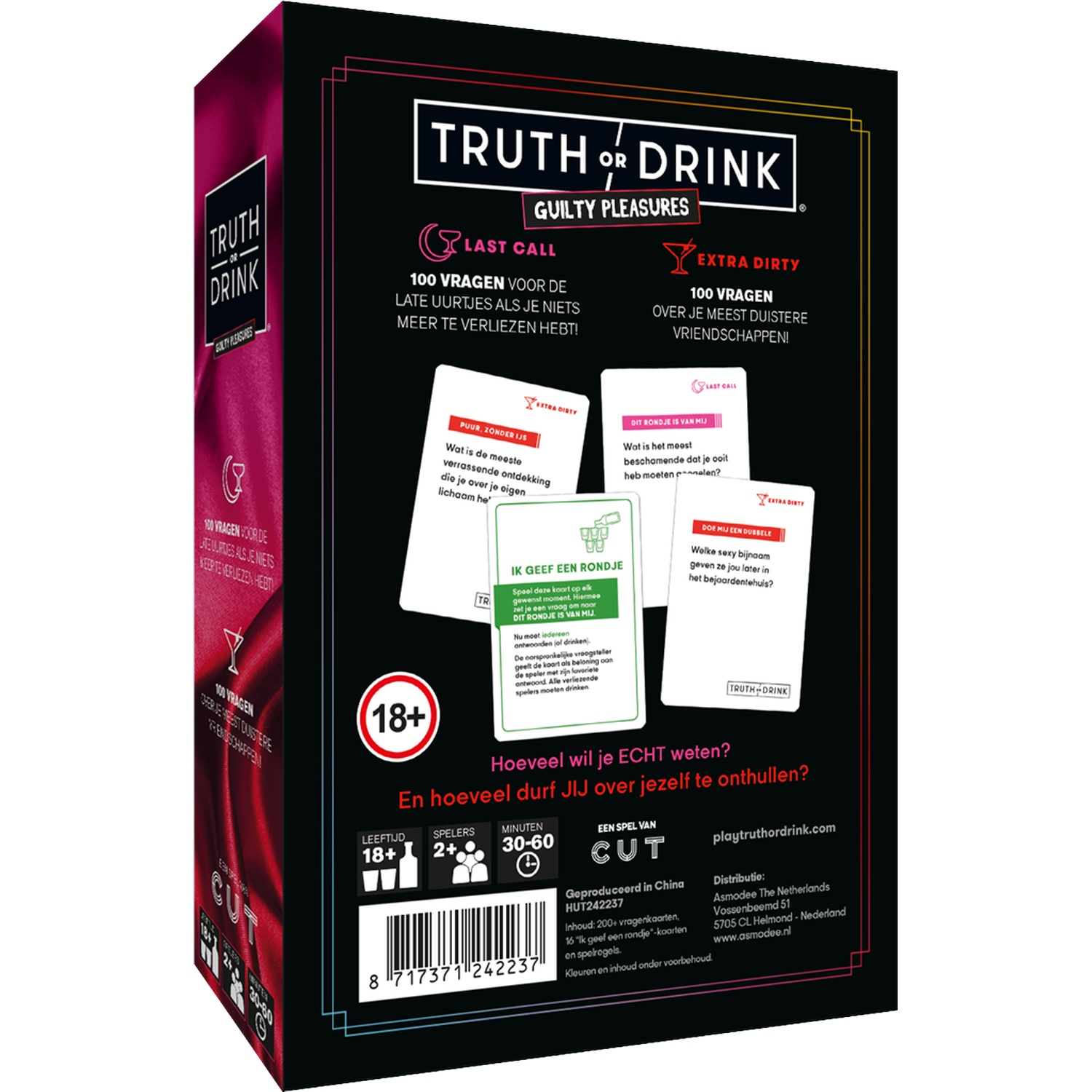 Back of Truth or Drink Guilty Pleasures game box with cards, barcode, and game details on black background.