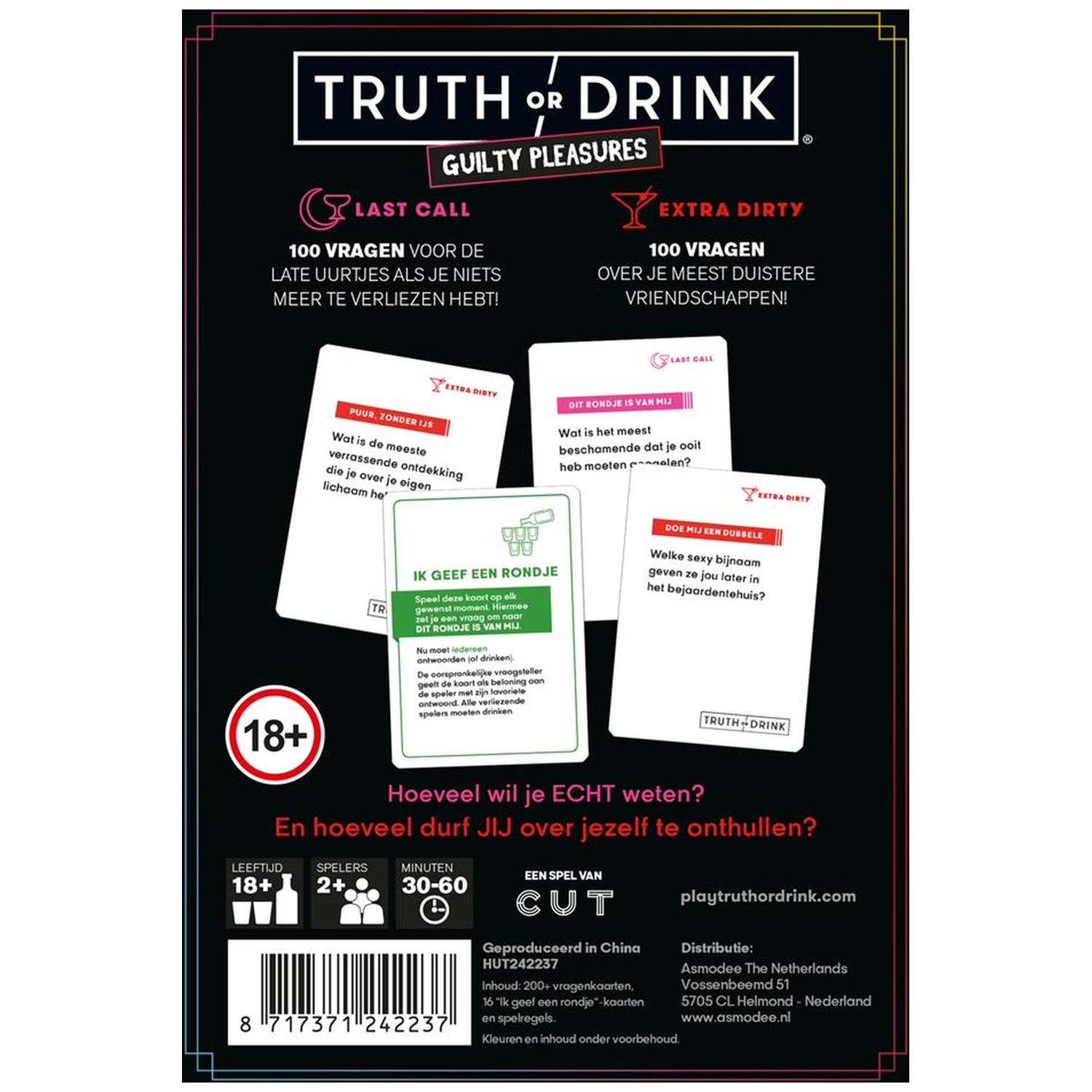 Back of Truth or Drink Guilty Pleasures card game box displaying four sample cards and game info.