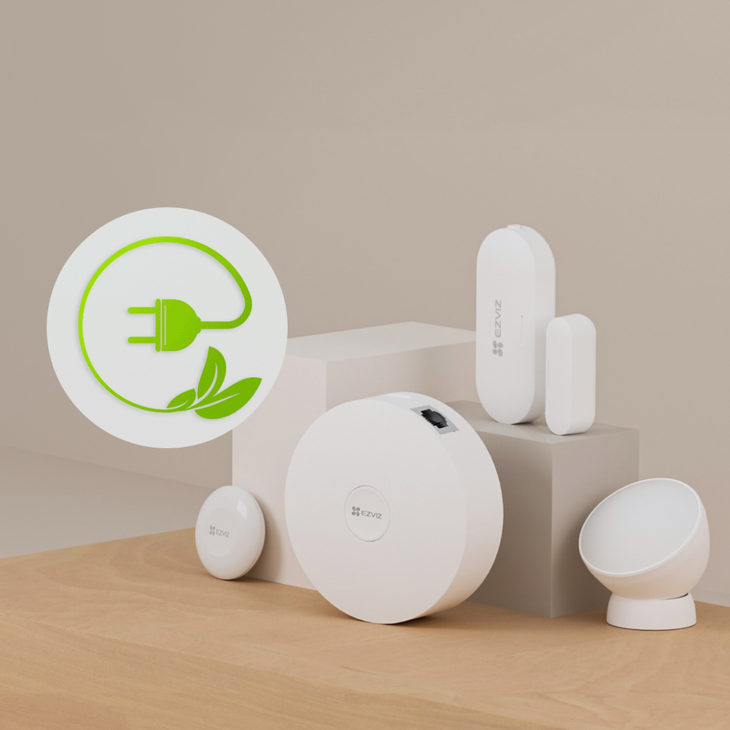 White smart home devices on beige pedestals with a green eco-plug symbol.