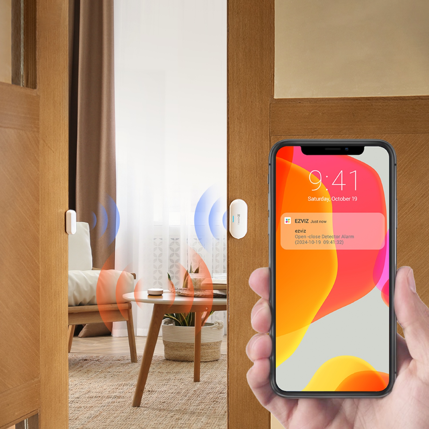 Hand holds smartphone displaying an open door and window sensor notification in a living room.