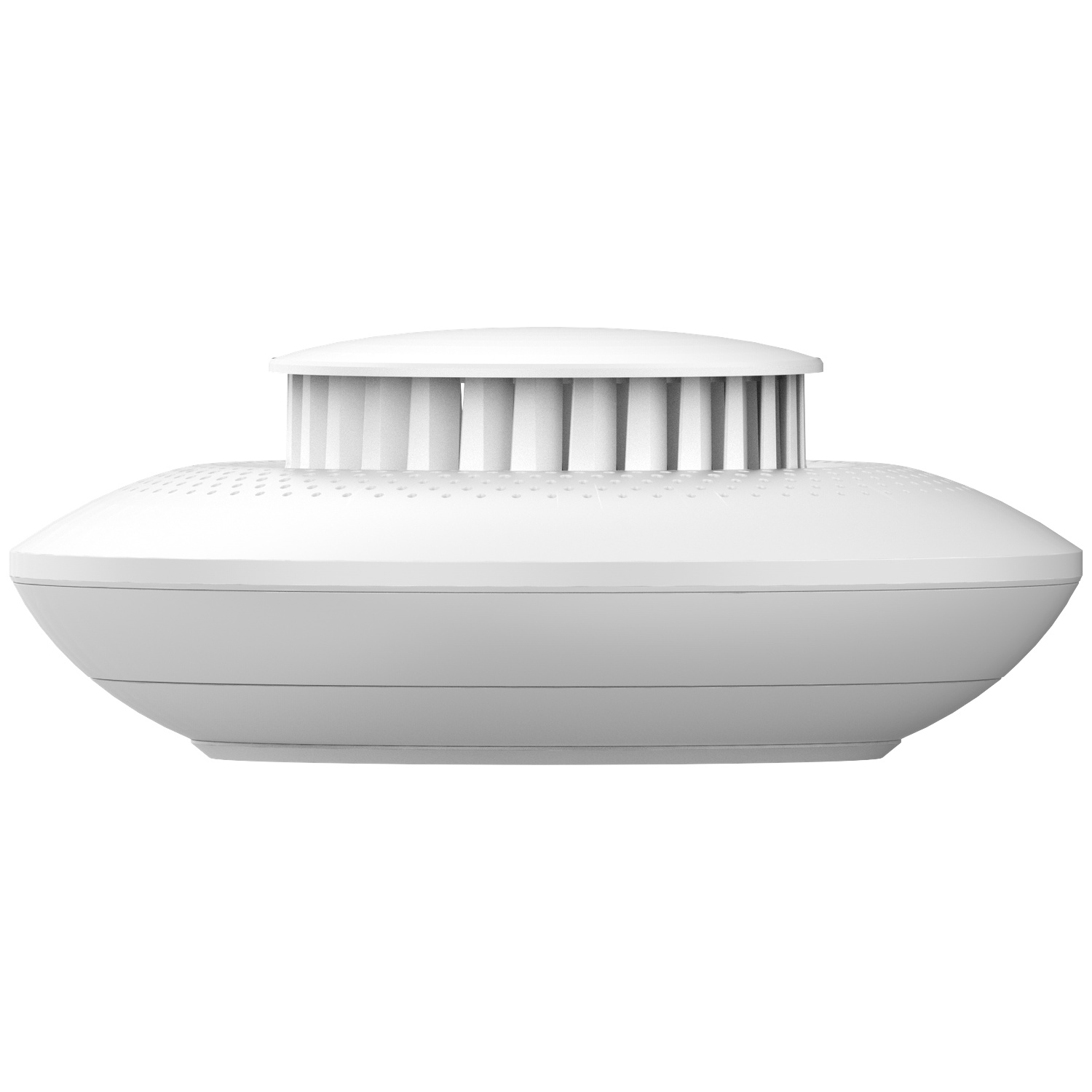 Een witte, UFO-vormige rookmelder op een lichte achtergrond.