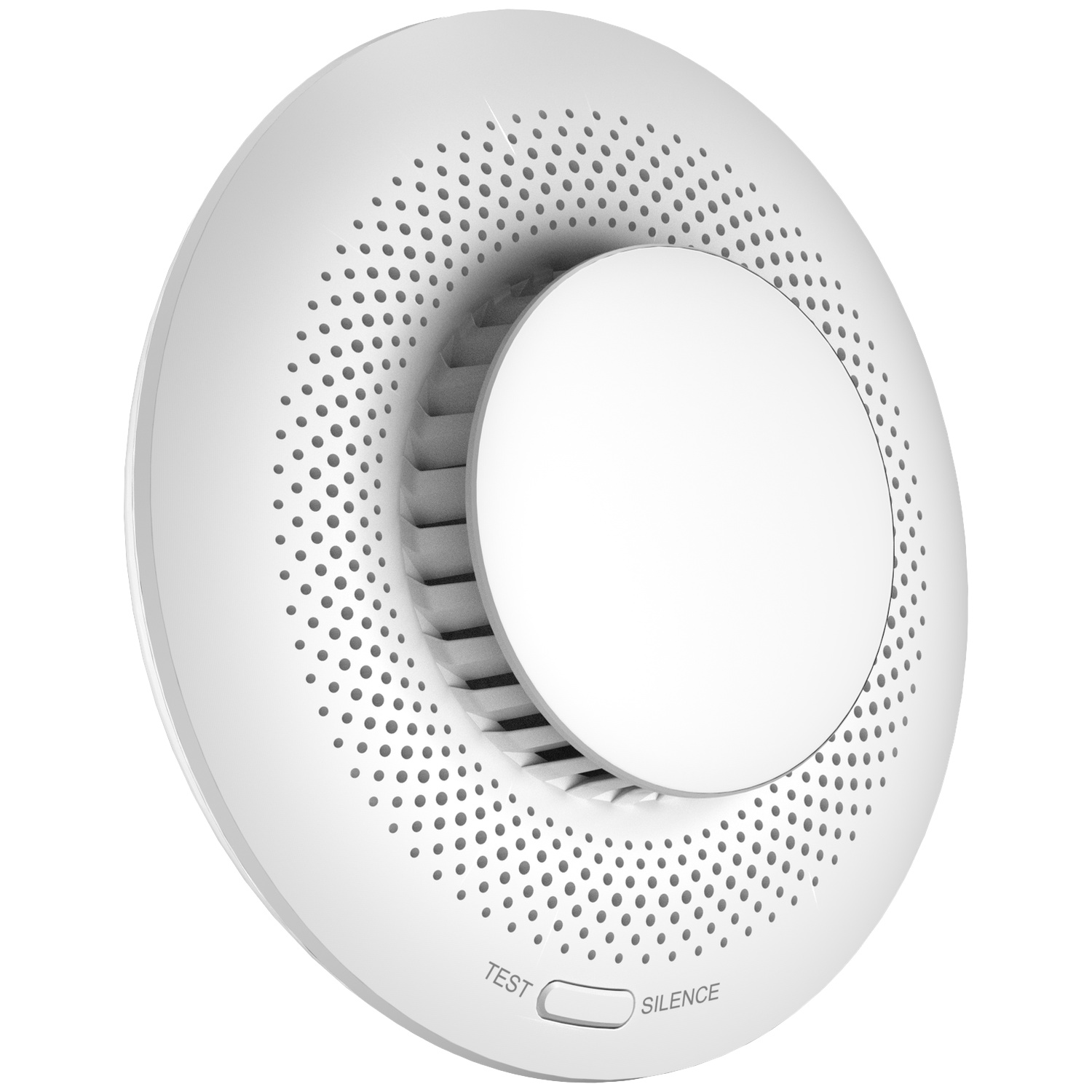 Een ronde witte rookmelder met test- en stilteknoppen tegen een egale achtergrond.
