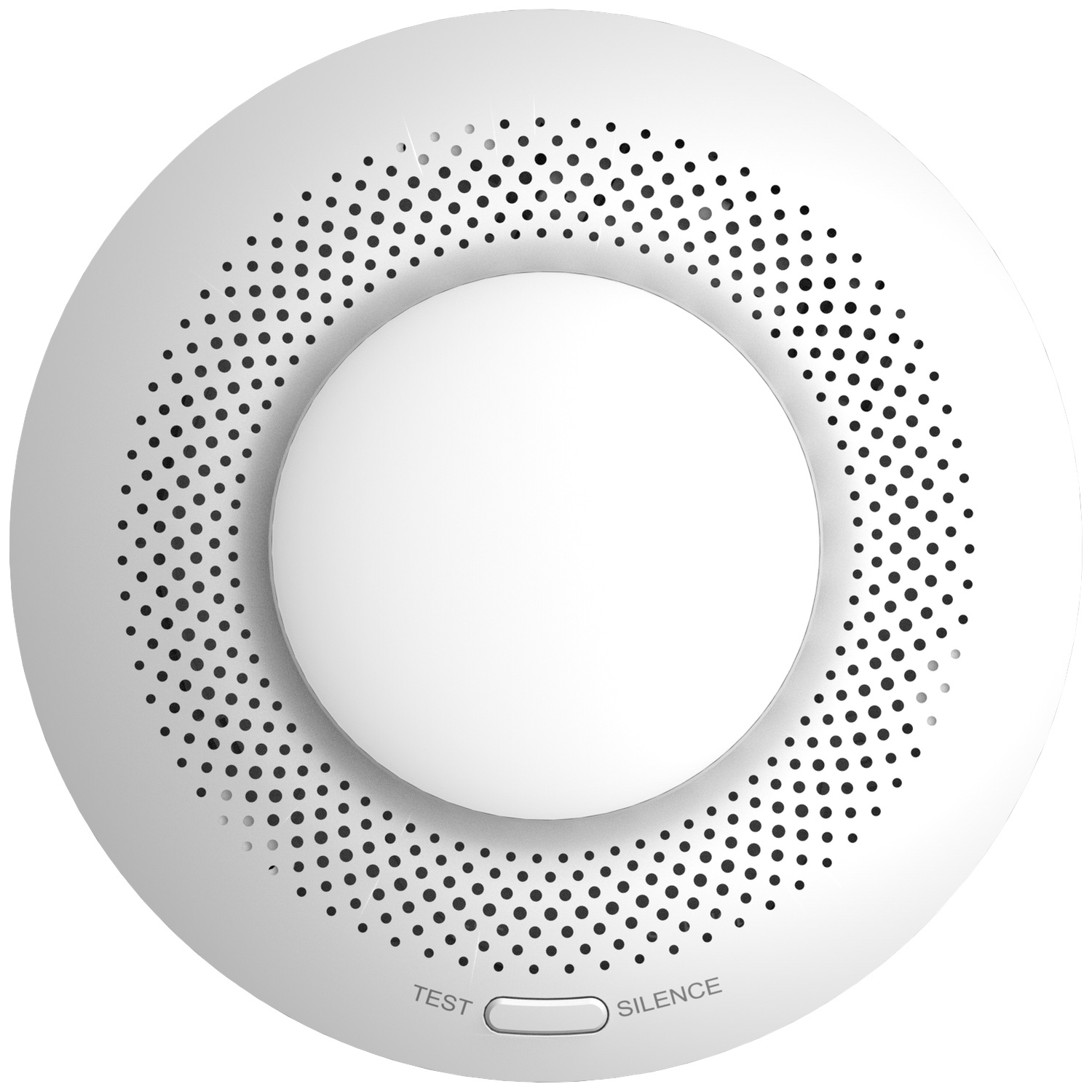 Ronde witte rookmelder met centrale knop en cirkelvormige ventilatiegaten.