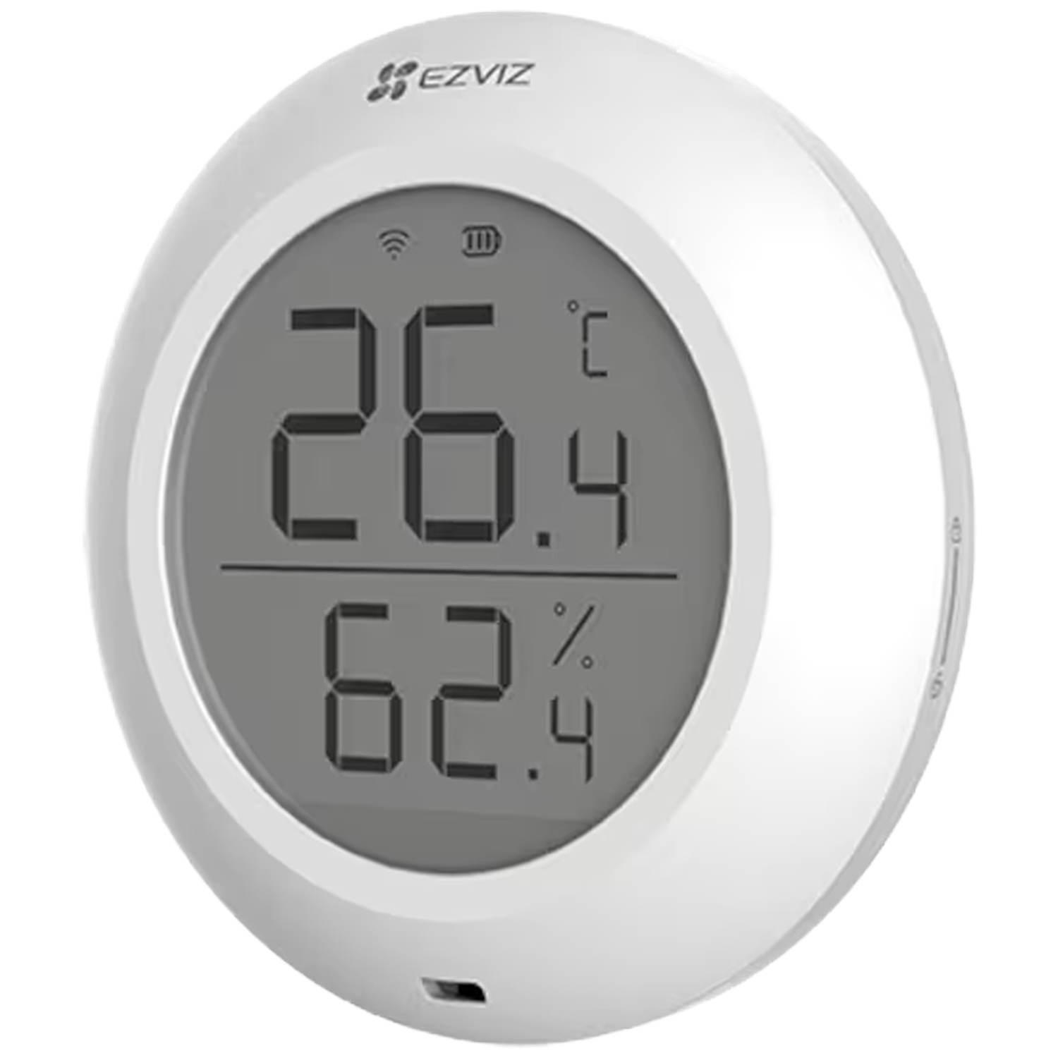 Round white EZVIZ thermometer and hygrometer with a digital display showing 26.4 °C and 62.4 %.