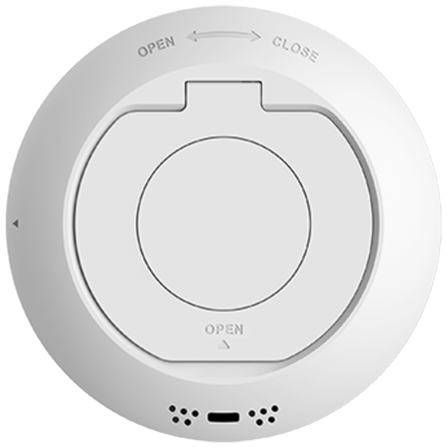 White round device with open and close labels and a central circular button.