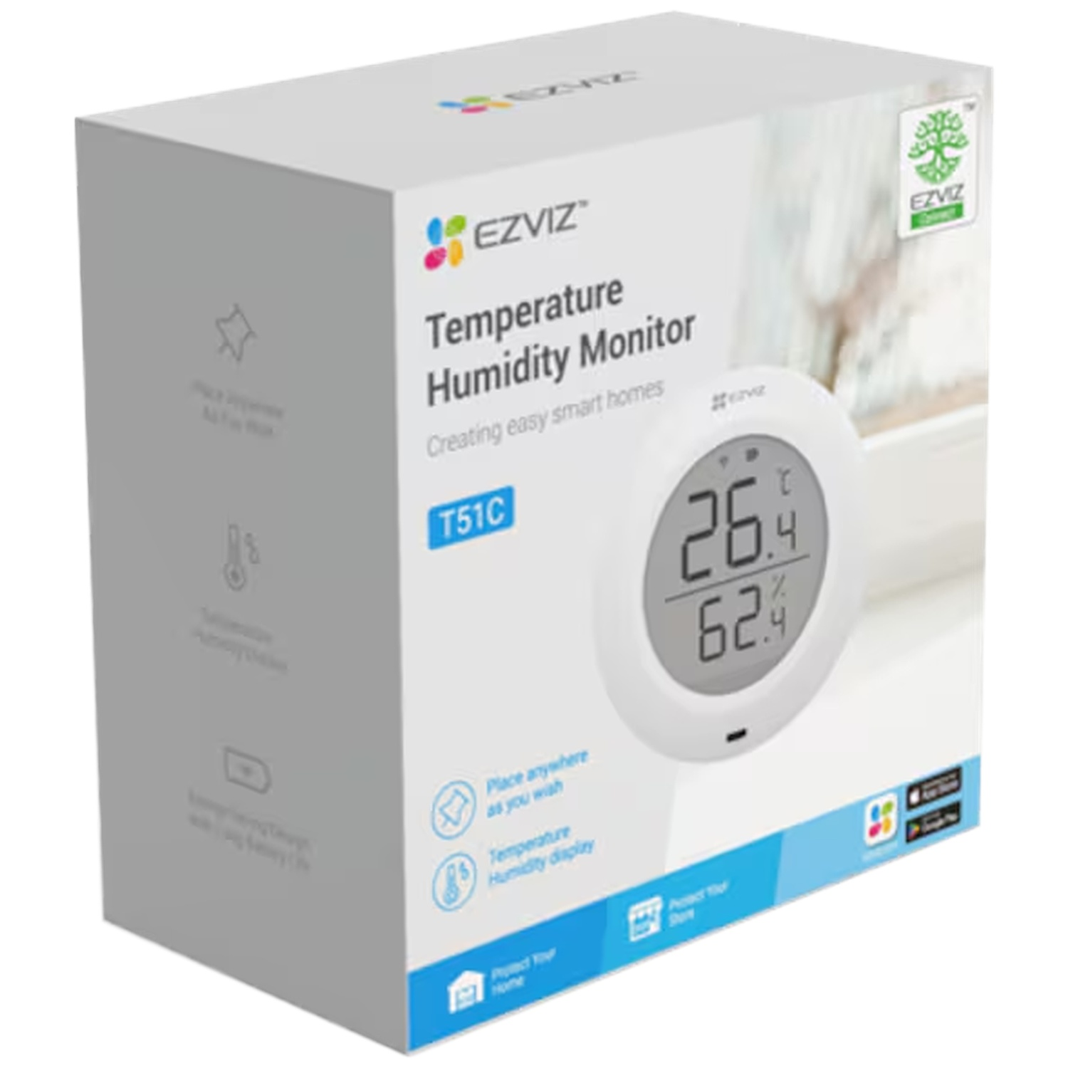 White box packaging for Ezviz T51C Temperature and Humidity Monitor showing the device image.