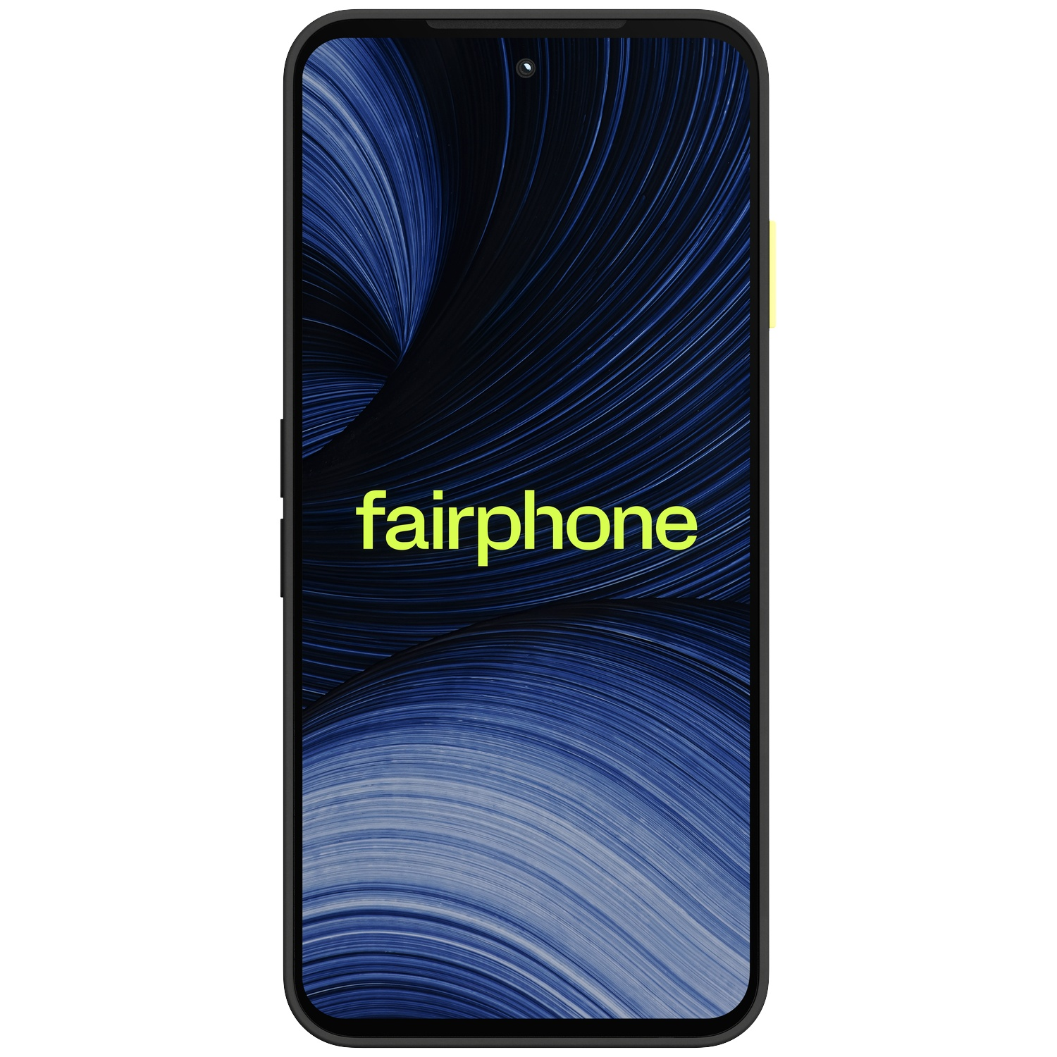 Un smartphone noir avec un fond tourbillonnant bleu et le logo Fairphone jaune sur l'écran.