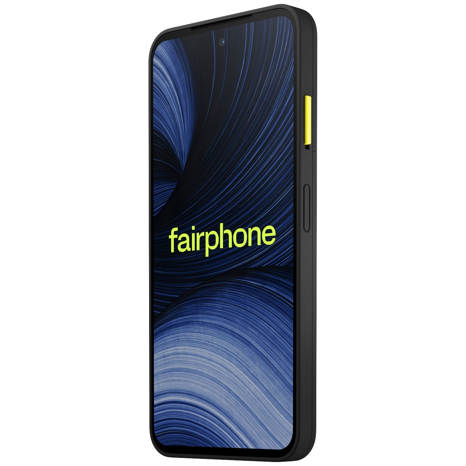 Fairphone noir avec écran à motif bleu et bouton d'alimentation jaune sur fond blanc.