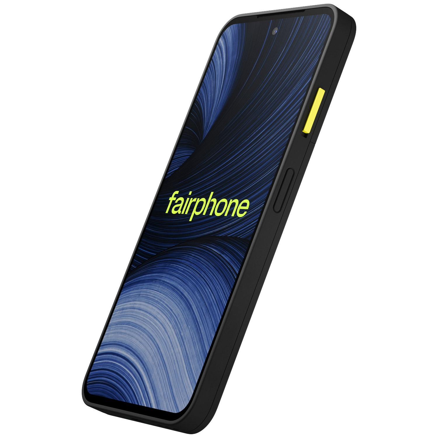Un Fairphone noir avec écran à motifs bleus et bouton d'alimentation jaune sur fond blanc.