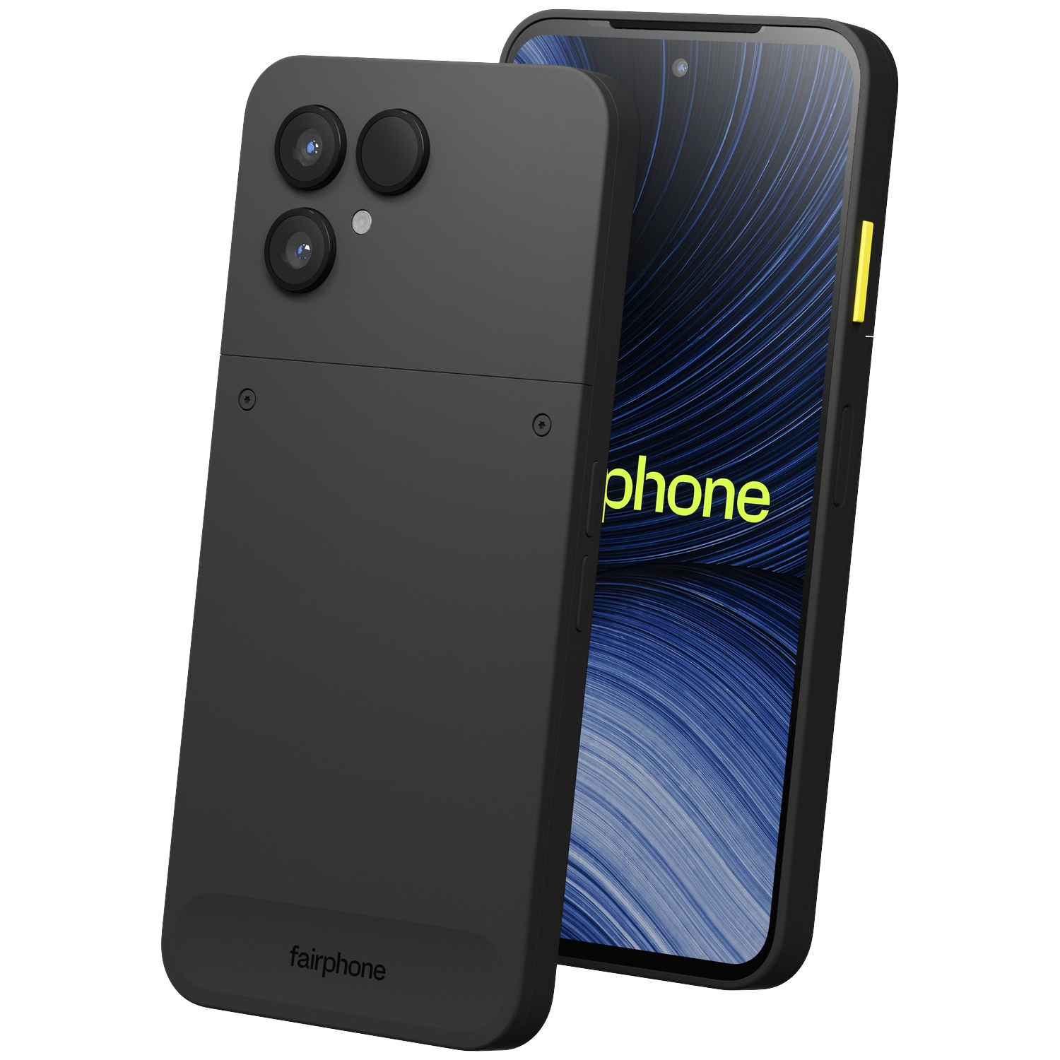 Un smartphone noir avec triple capteur photo et écran bleu.