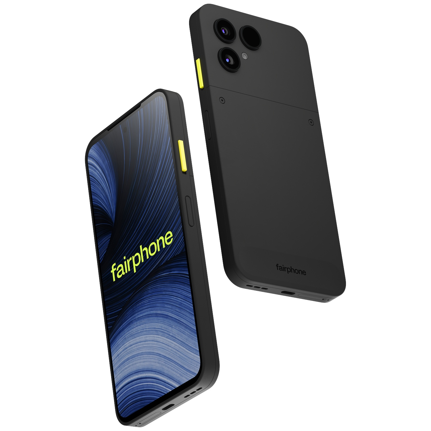 Deux smartphones Fairphone noirs avec des boutons jaunes flottant sur fond blanc.