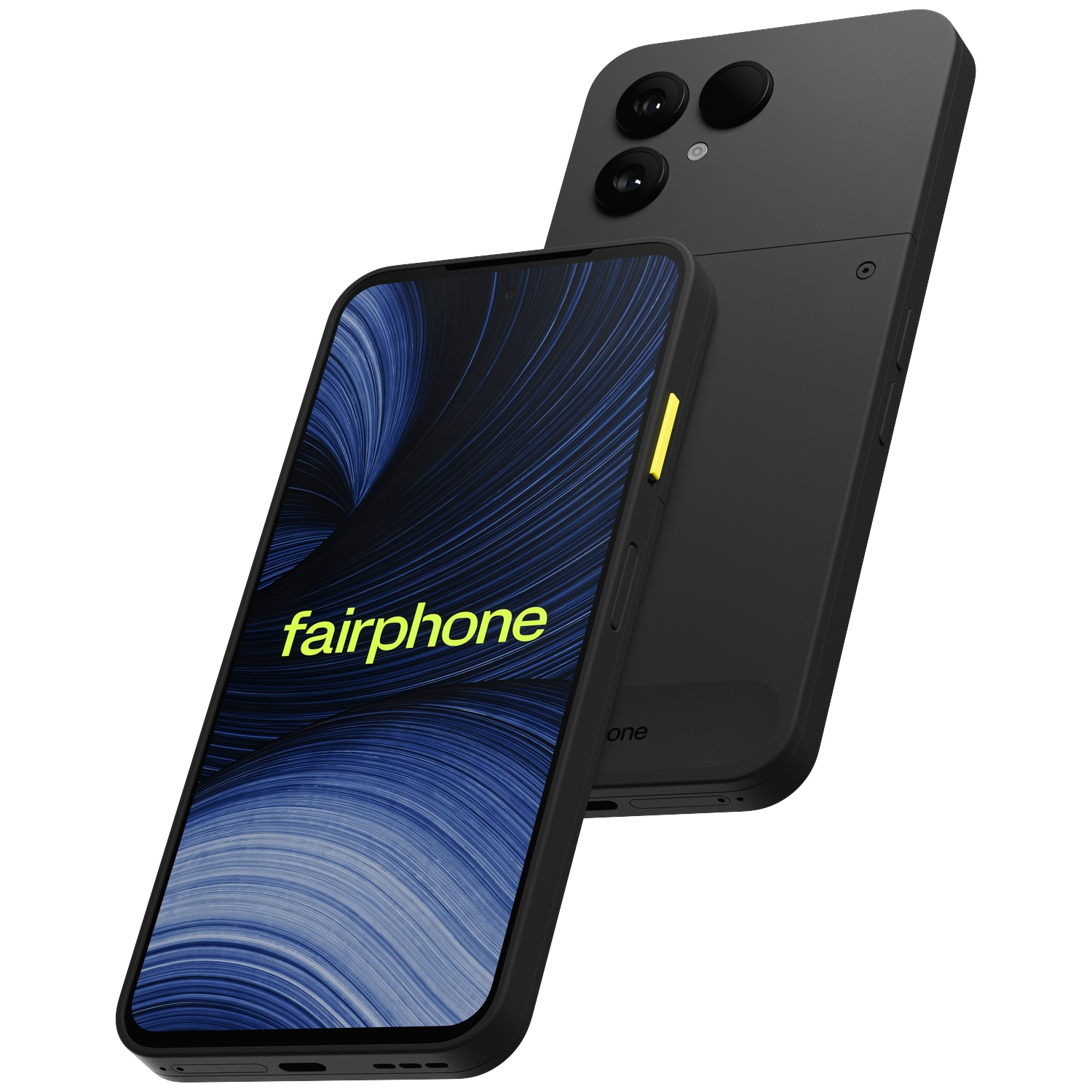Smartphone Fairphone noir avec écran à vagues bleues et bouton d'alimentation jaune.