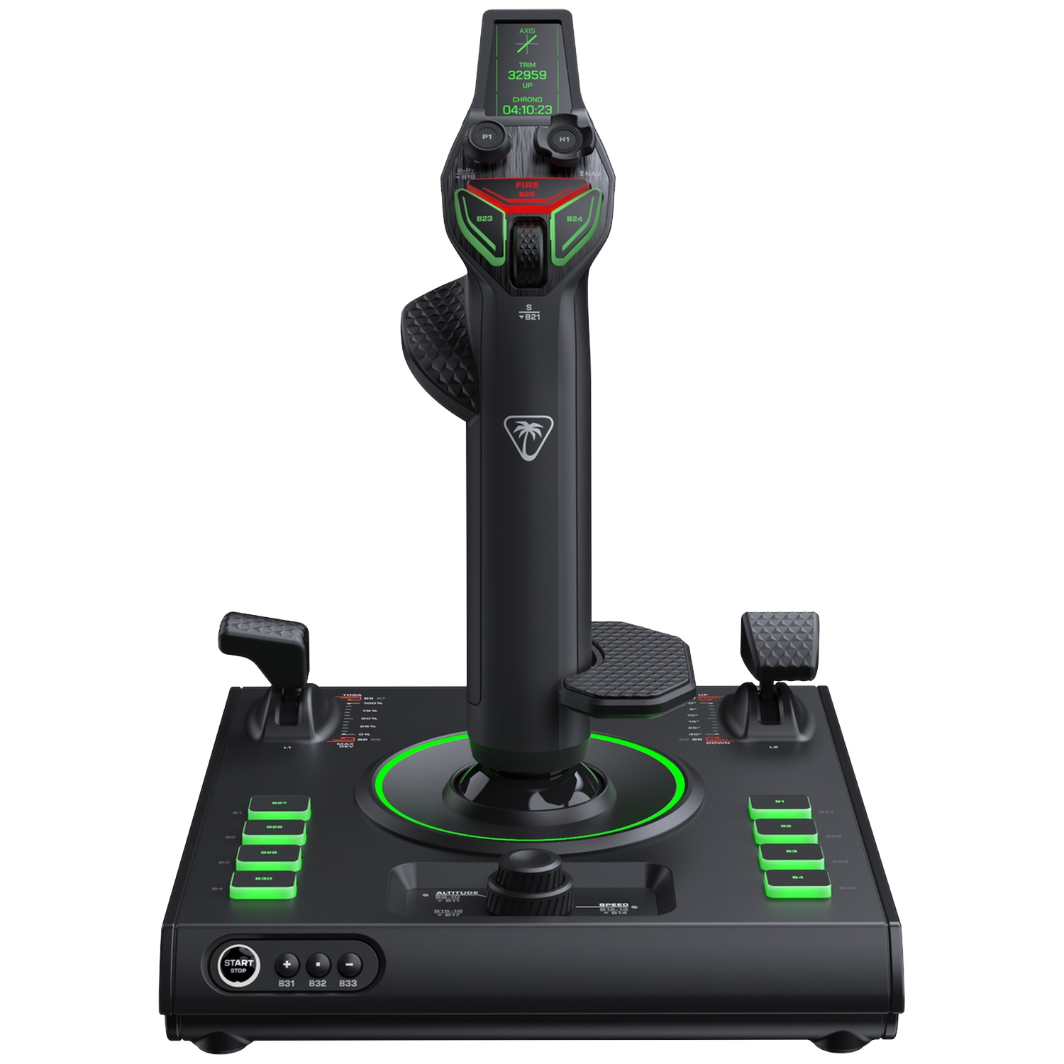 Black gaming flight stick with green lighting, buttons, and base on a white background.