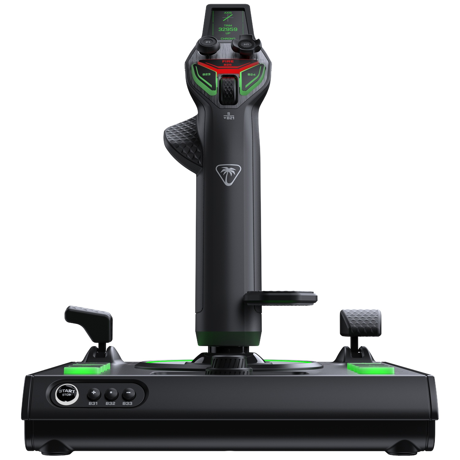Black gaming flight stick with green accents, a display on the grip, and buttons on the base.