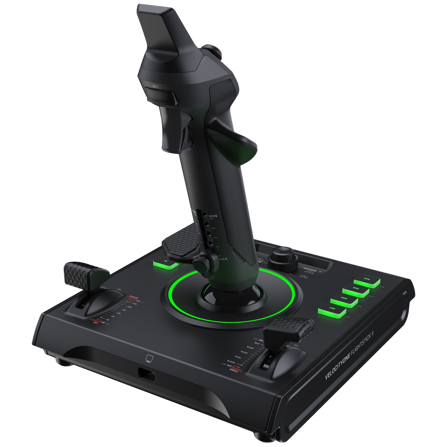 Black flight stick with green lighting on a base with buttons and levers against a white background.