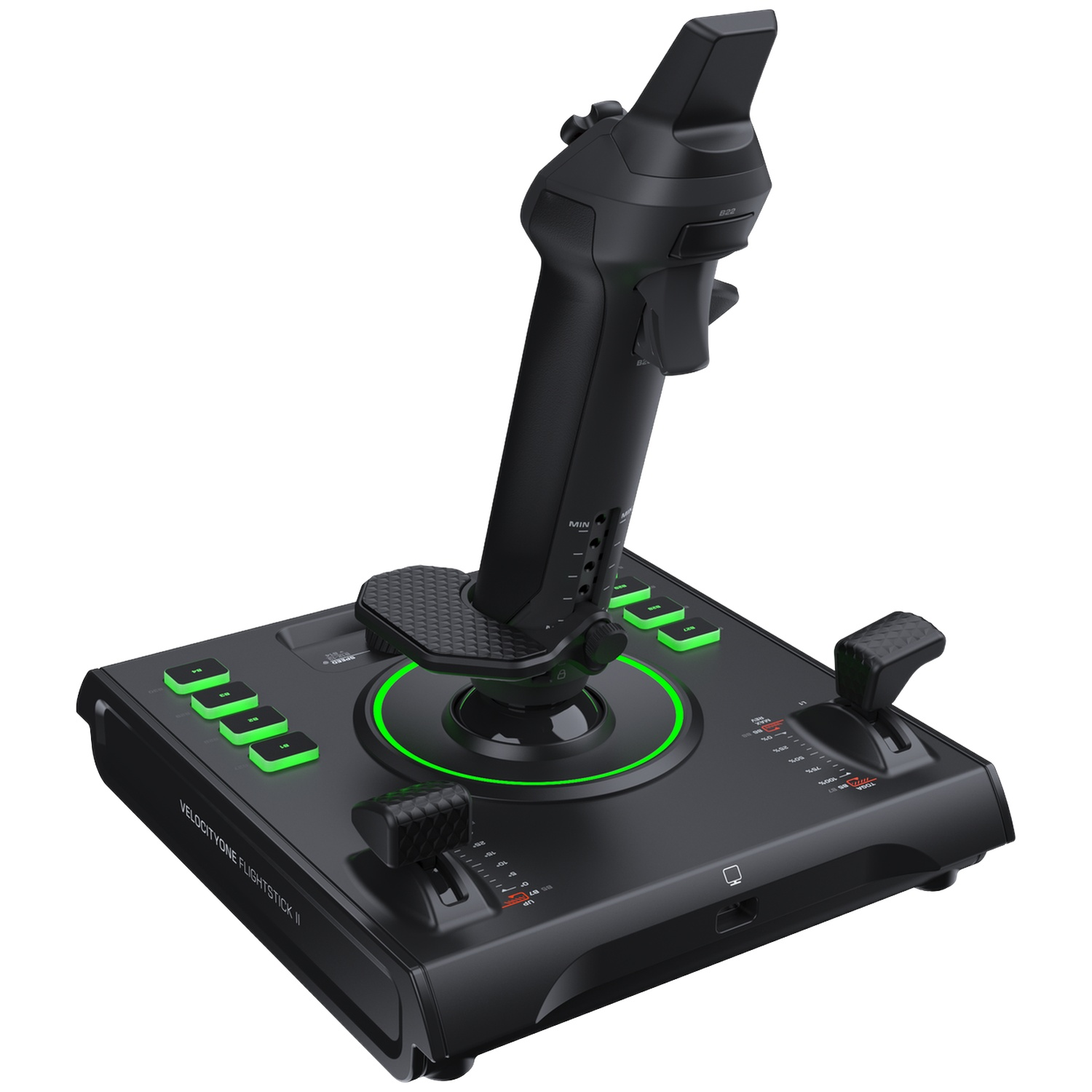 Black flight simulator joystick with green accents, buttons, and two throttle levers on a base.