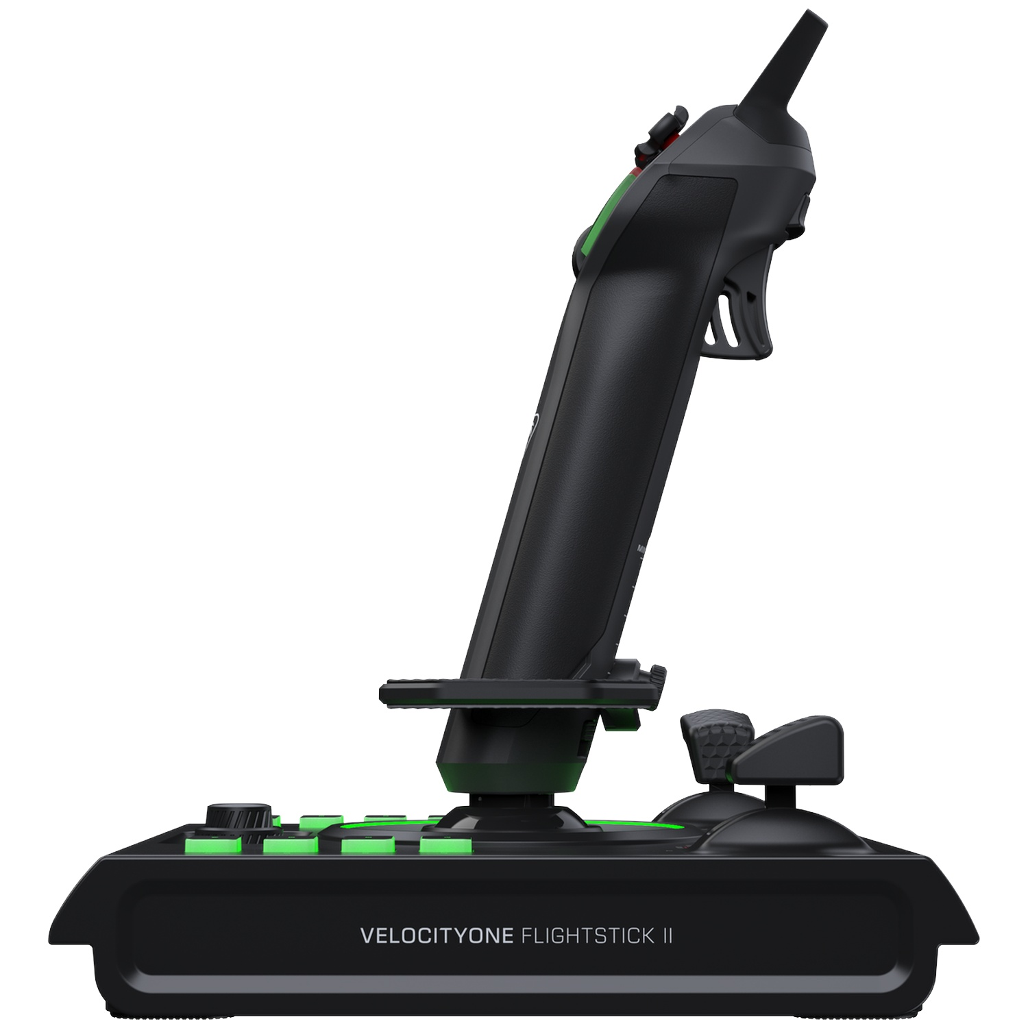 Black VelocityOne Flightstick II with green accents, buttons, and joystick on a base against a white background.