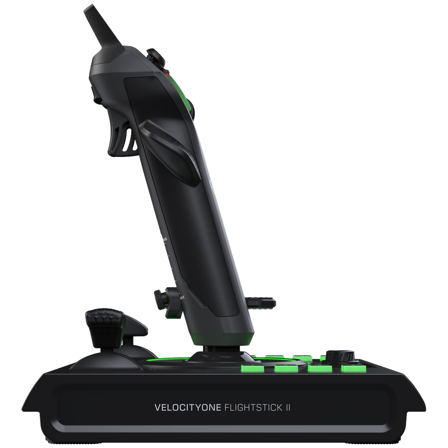 A black VelocityOne Flightstick II on a white background, featuring a joystick with green accent lights and buttons.