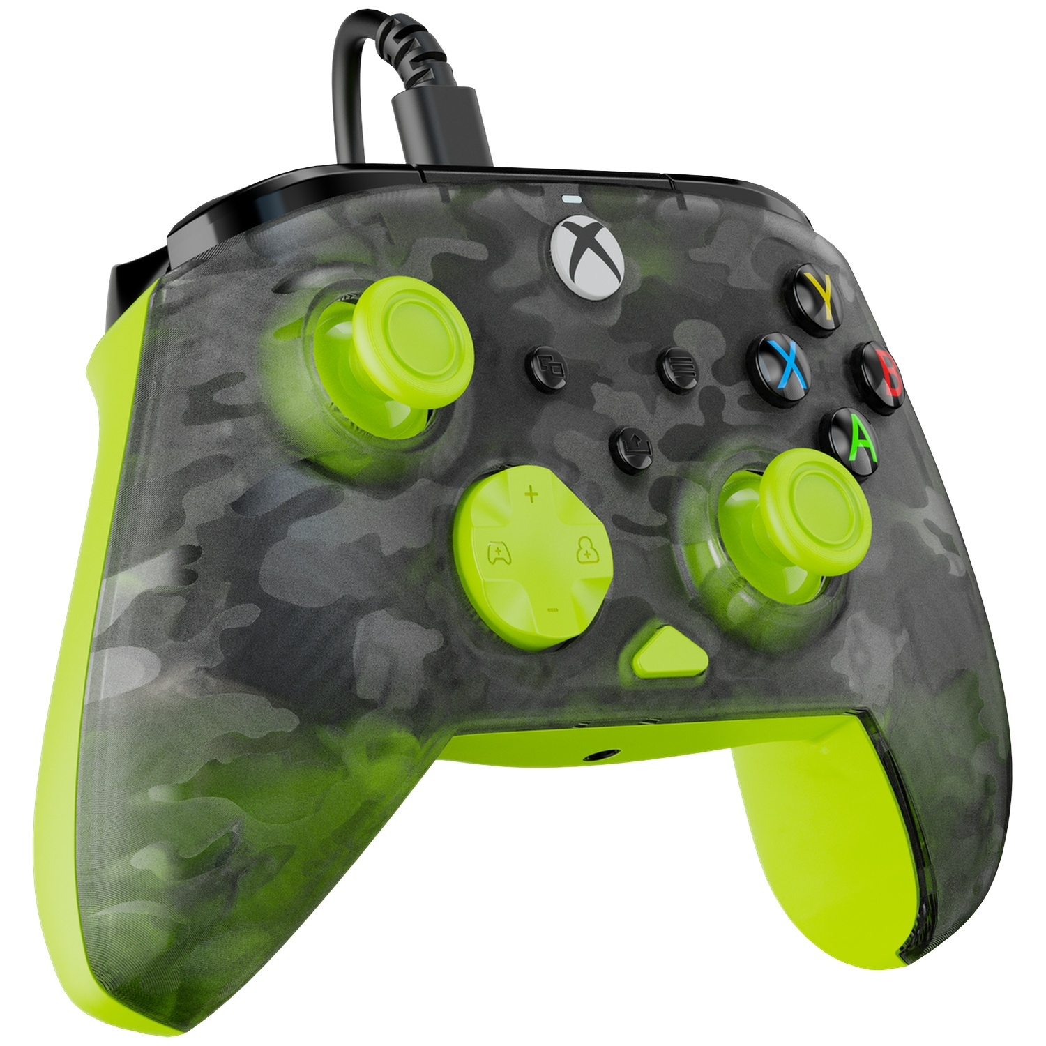 A wired Xbox controller in black and green camouflage with bright green accents.