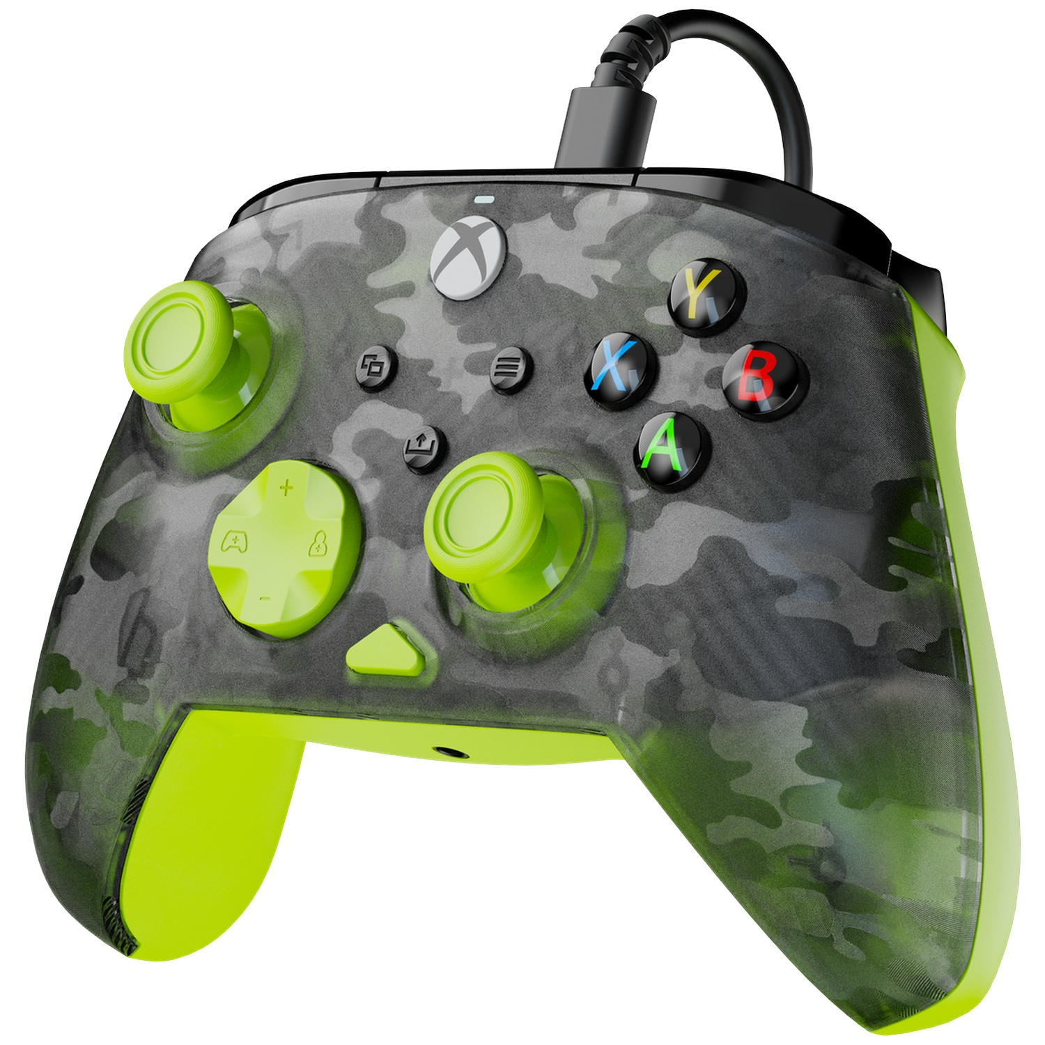 A black and green camo Xbox controller with a connected cable, bright green joysticks, and color-coded action buttons.