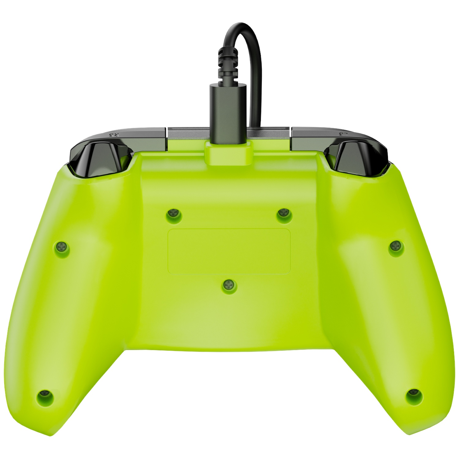 Back of a bright green video game controller with a connected black cable at the top.