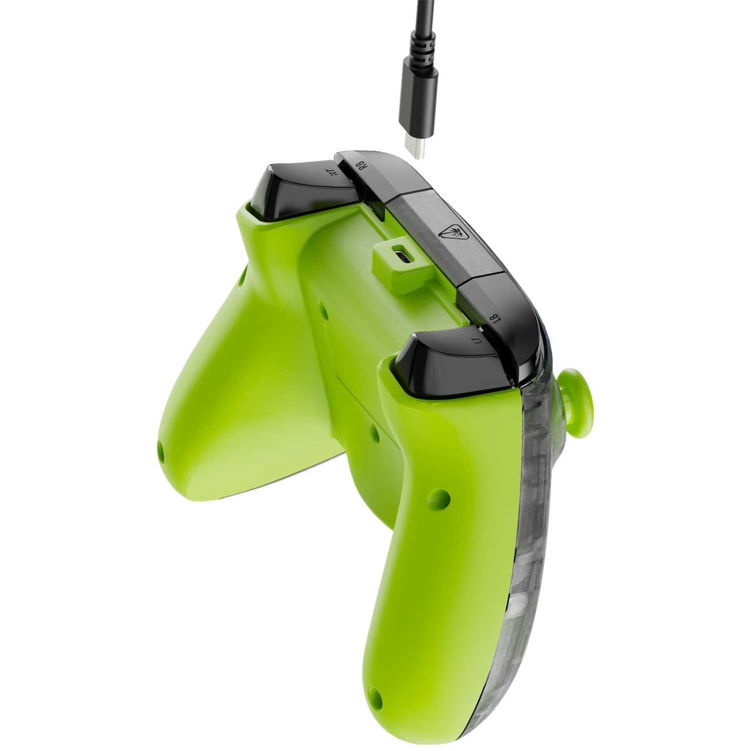 Green and black Xbox controller with a USB-C cable hovering above it on a white background.