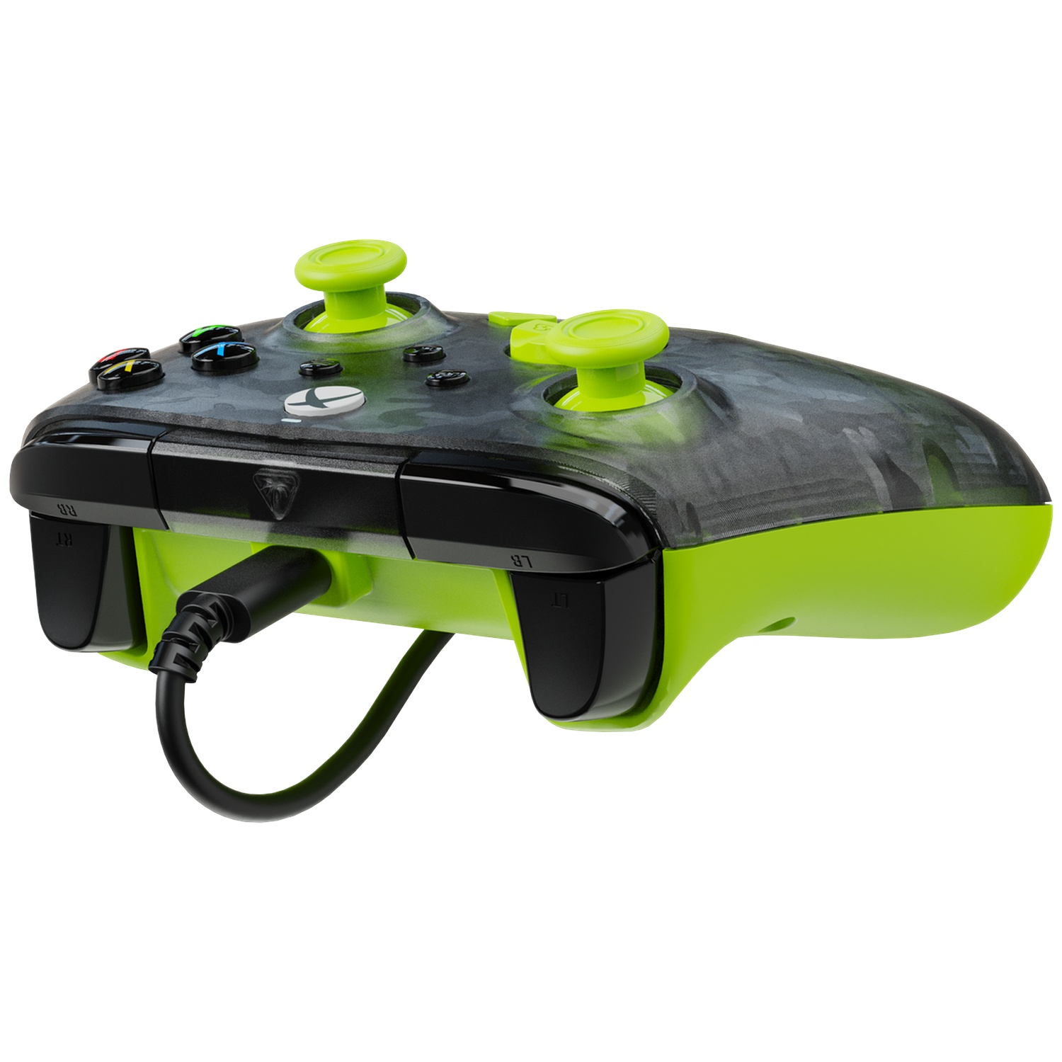 A green and black Xbox controller with an attached USB cable against a white background.