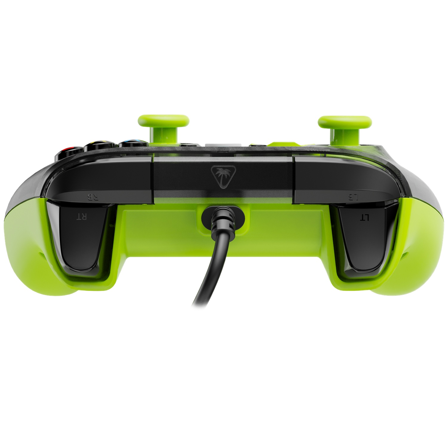 Green and black gaming controller with a connected USB cable, viewed from the front.