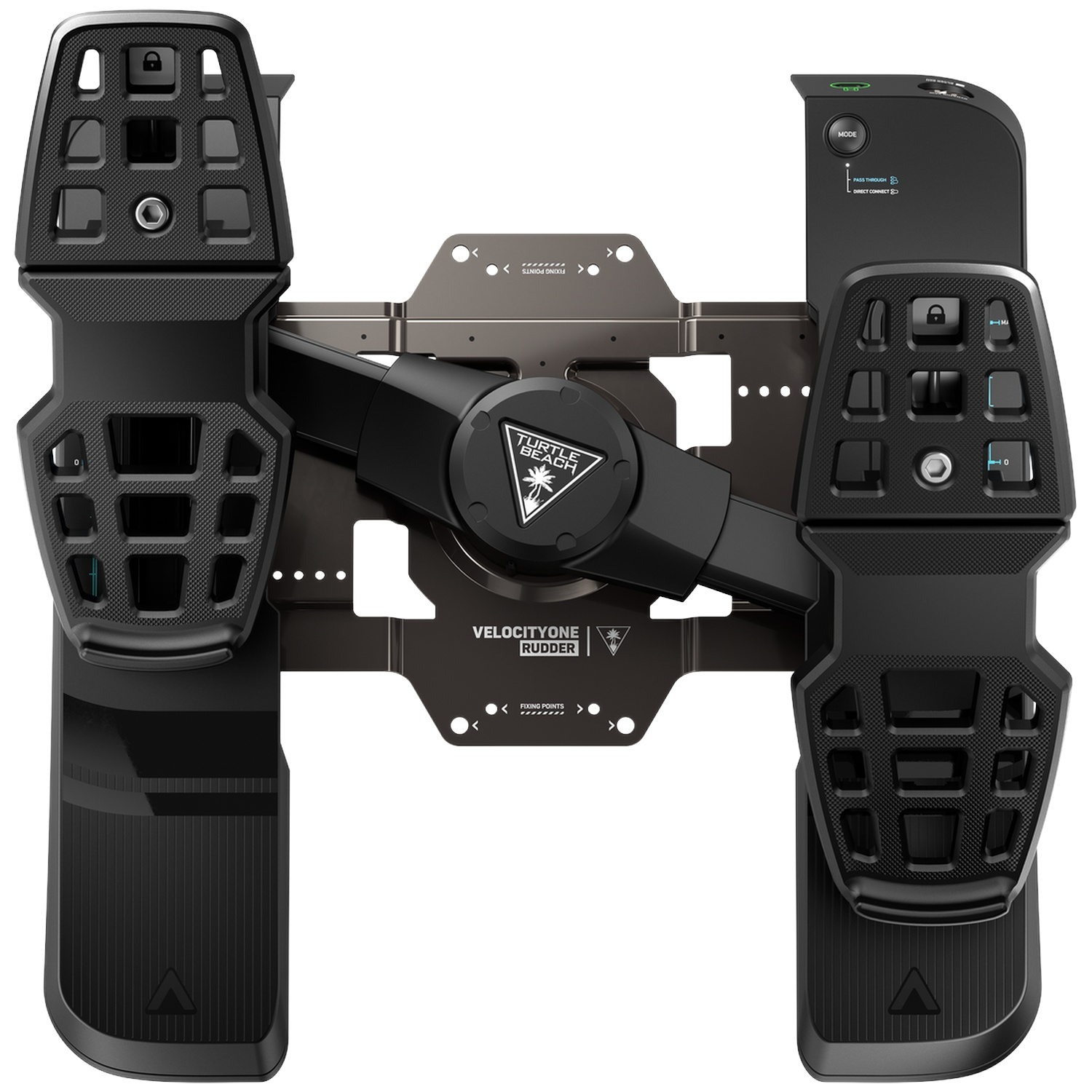 Black Turtle Beach VelocityOne rudder pedal system for flight simulation shown from above.