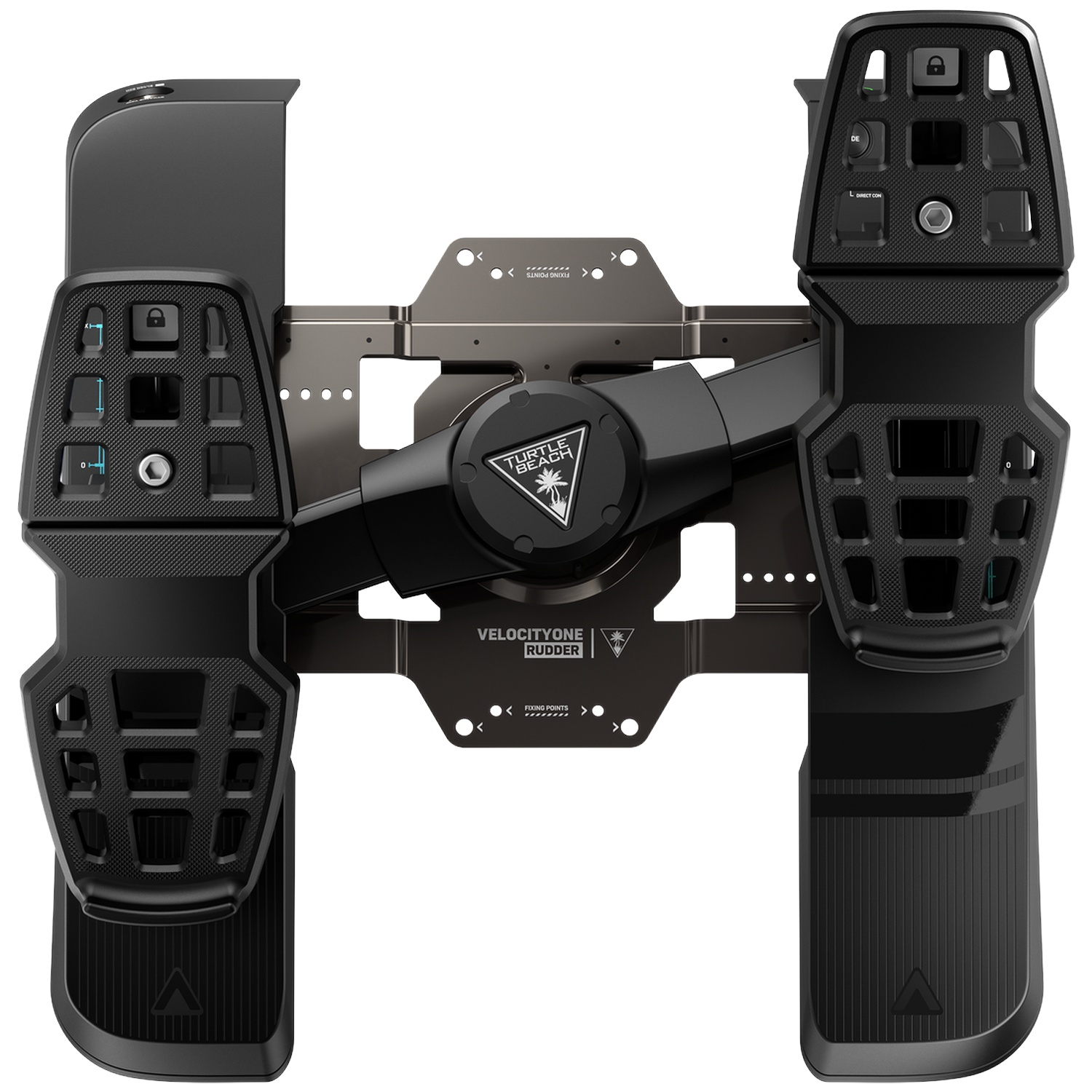 Black Turtle Beach VelocityOne rudder pedals for flight simulation, viewed from above.
