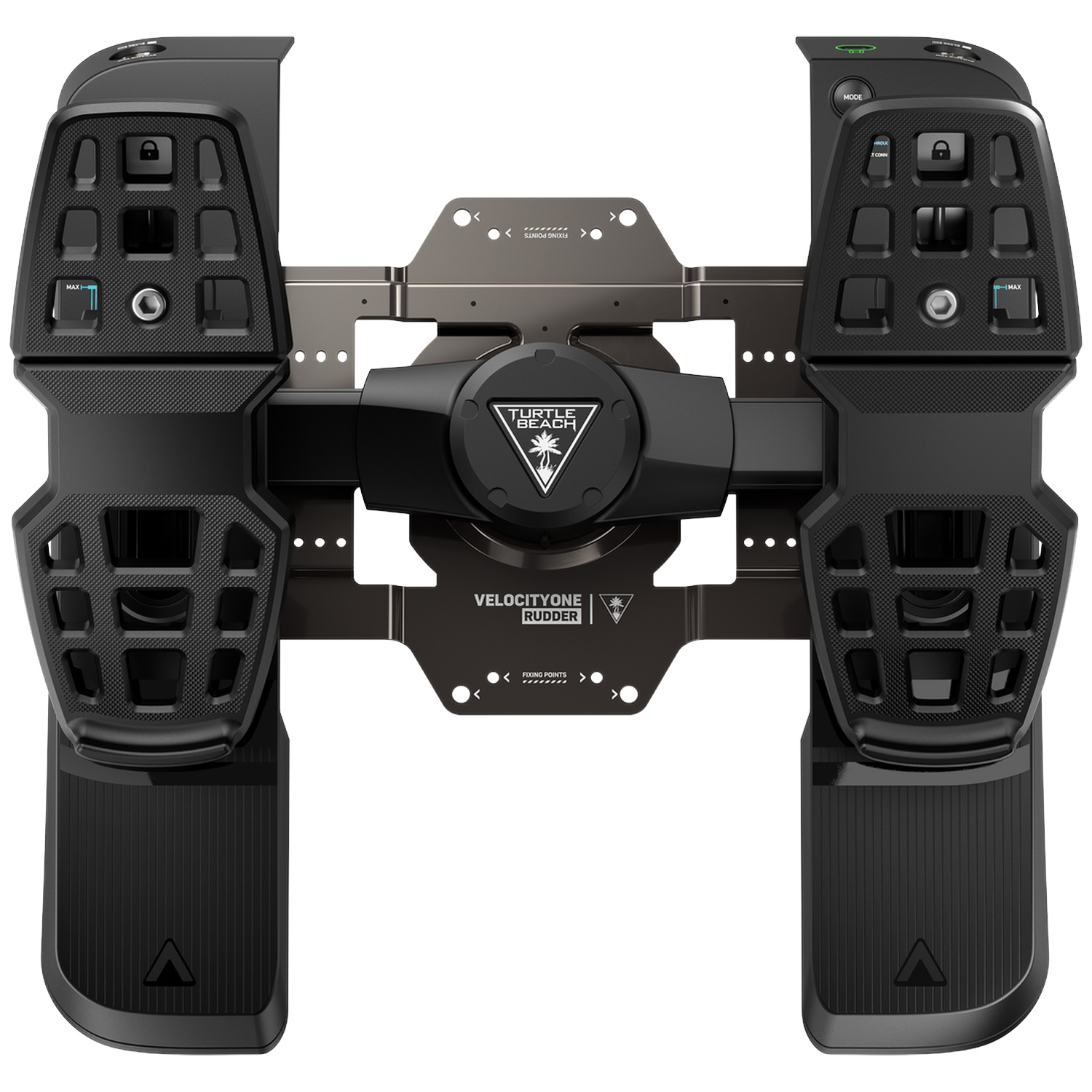 Black Turtle Beach VelocityOne rudder pedal system for flight simulation.