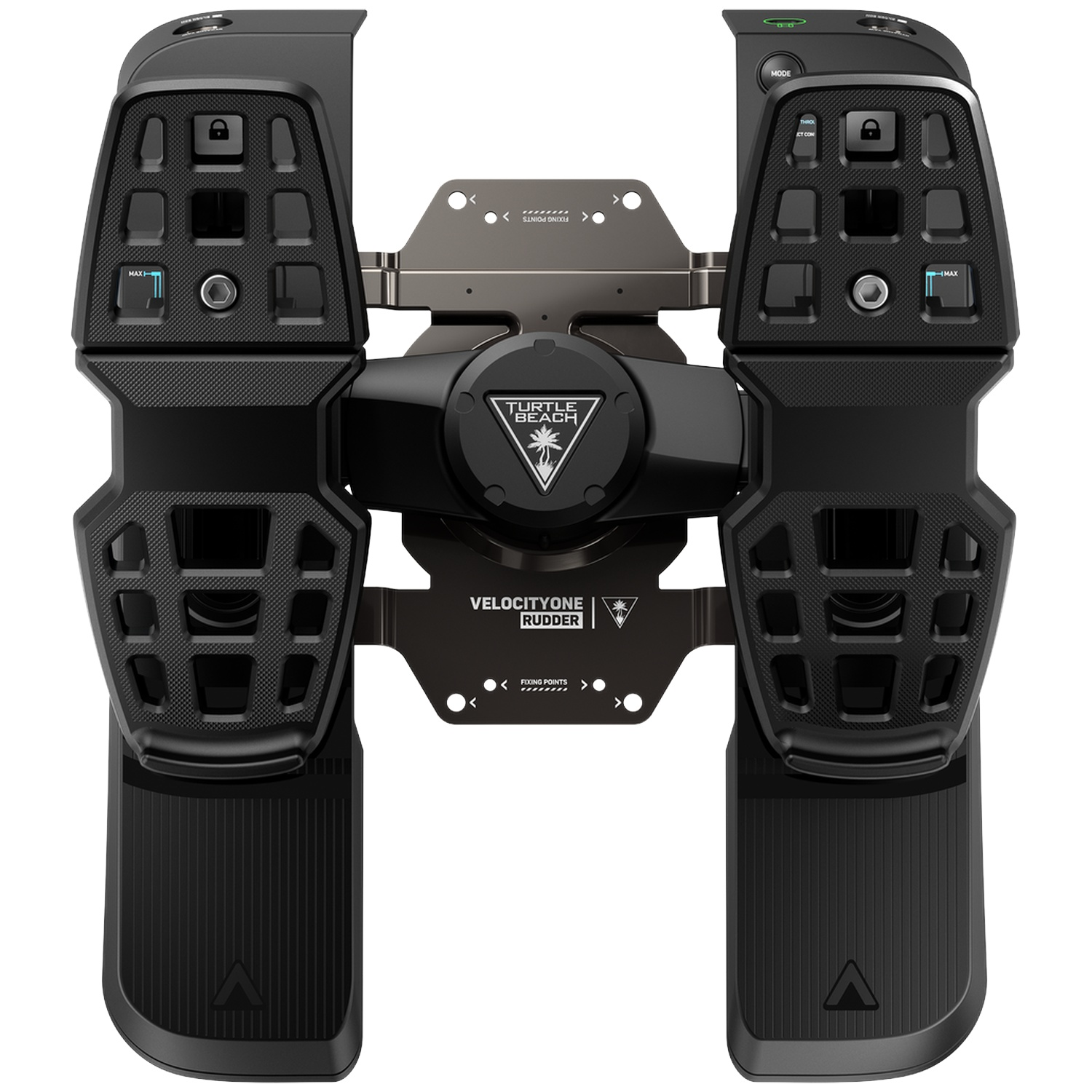 Black Turtle Beach VelocityOne rudder pedals with textured footrests and central logo.