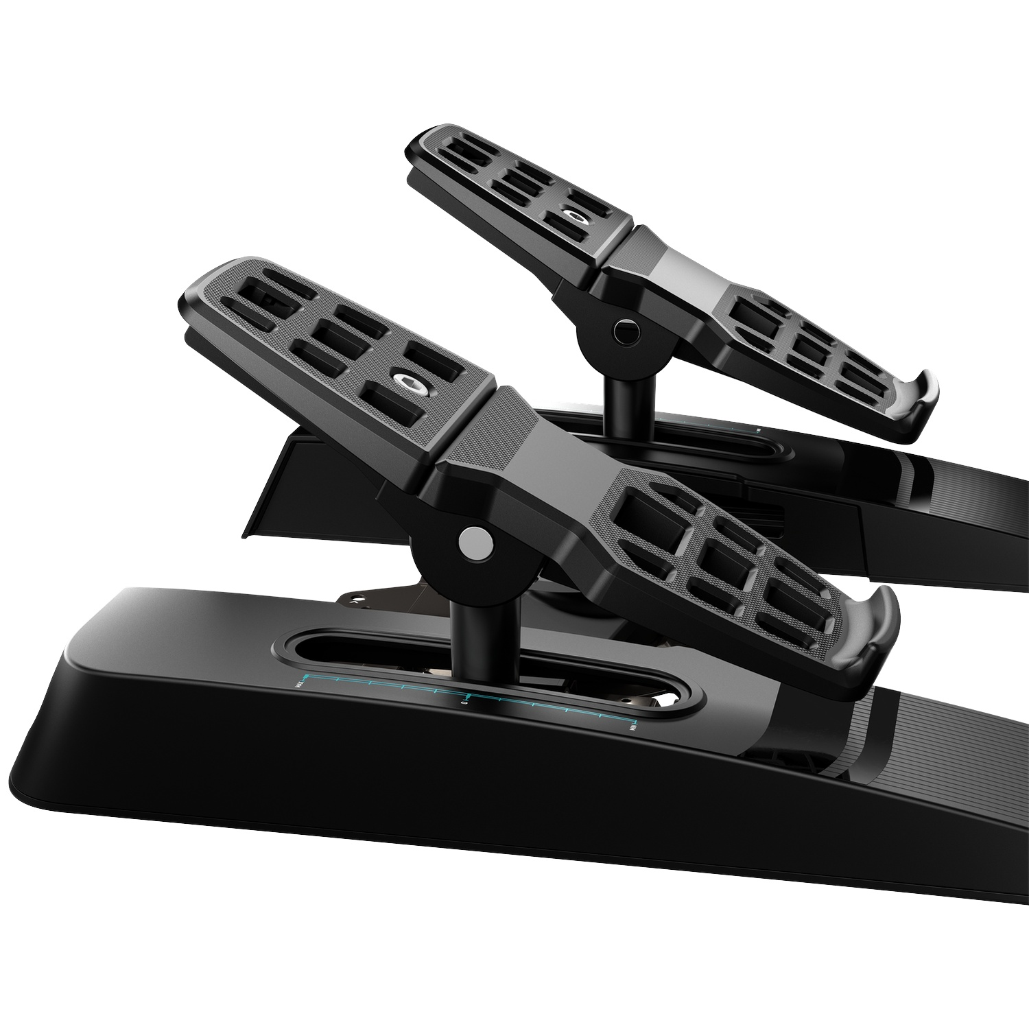 Black flight rudder pedals with adjustable footrests on a base.