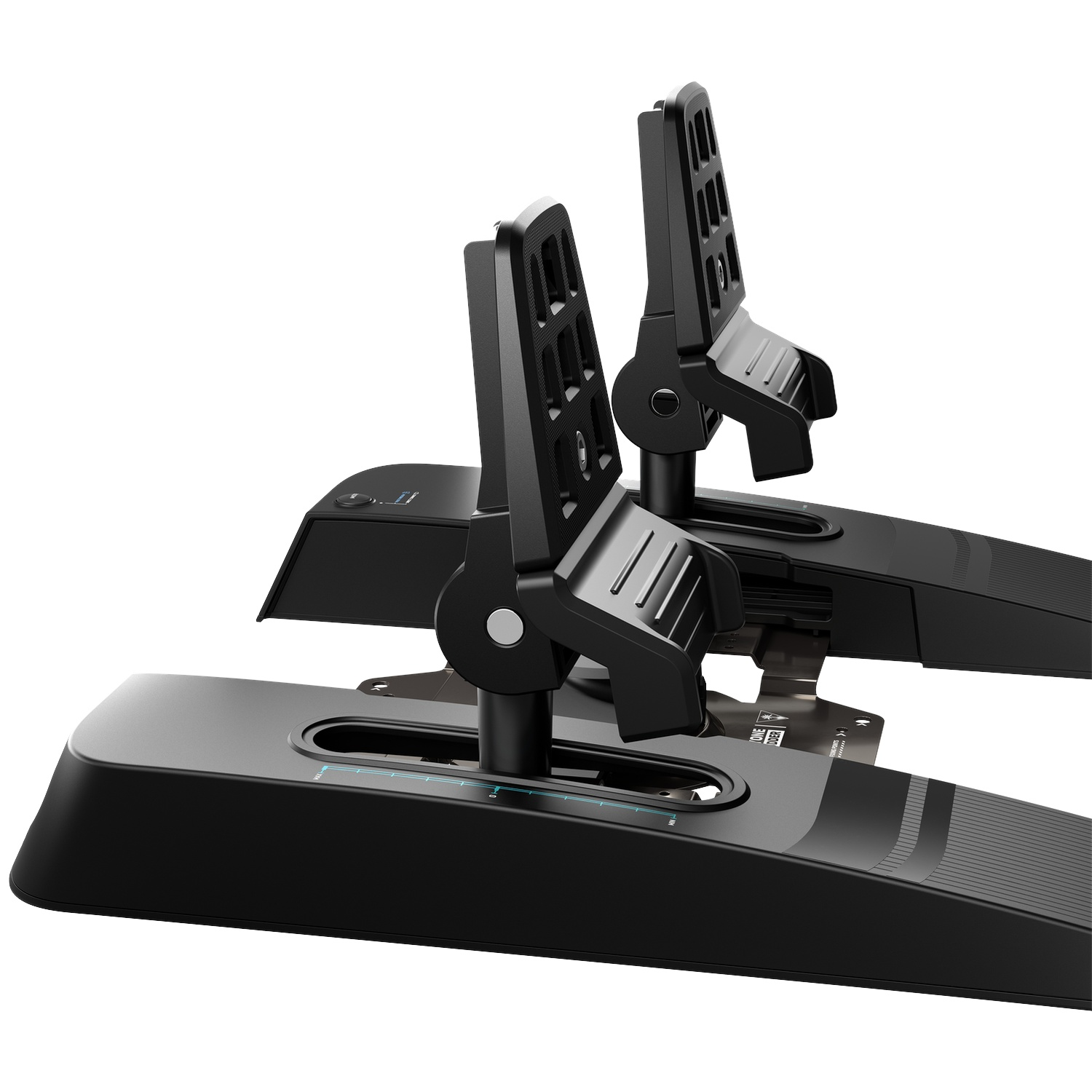 Black flight simulator rudder pedals against a white background.