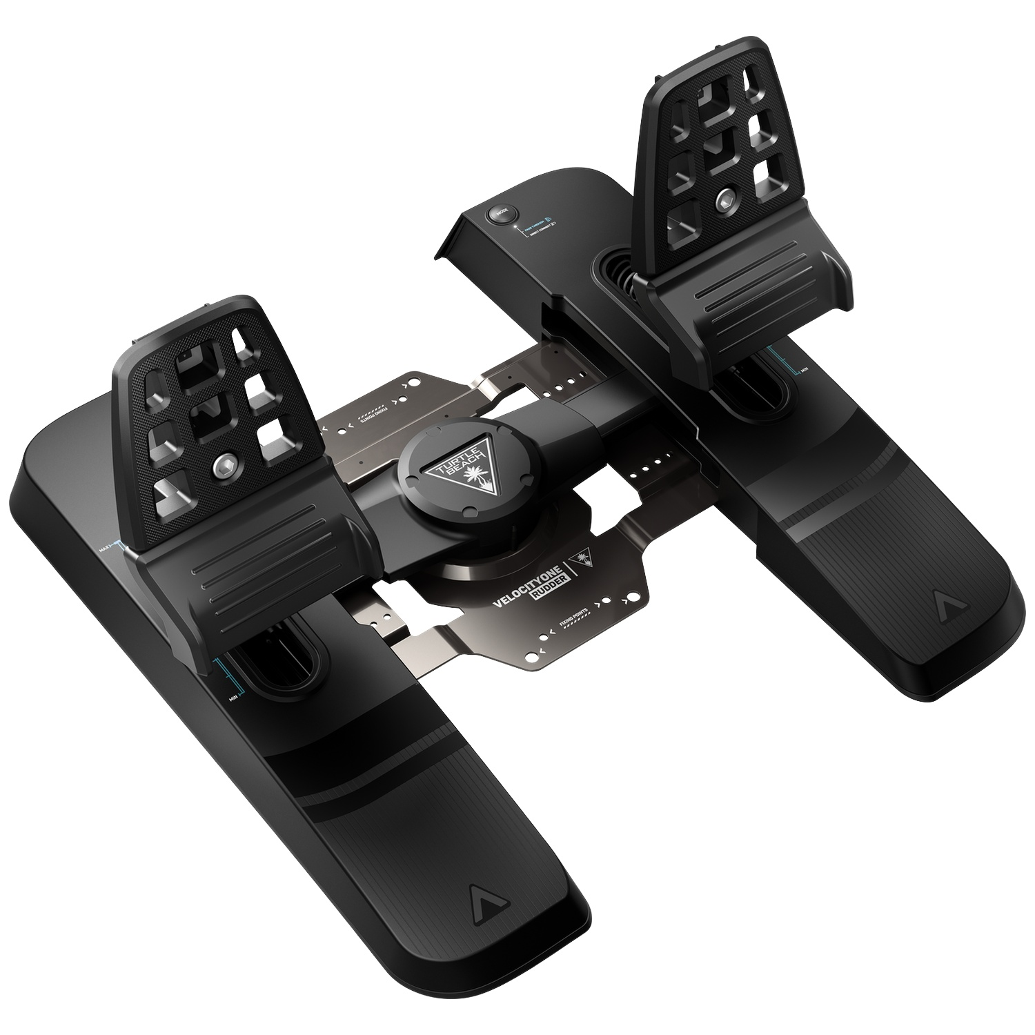Black flight rudder pedal set for simulation with two upright pedals.