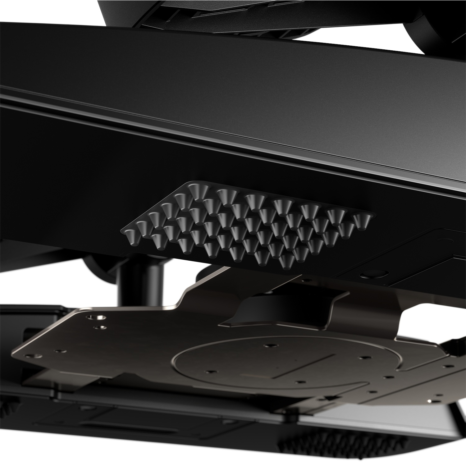 Close-up of a black metal mounting arm with integrated cable management on a white background.
