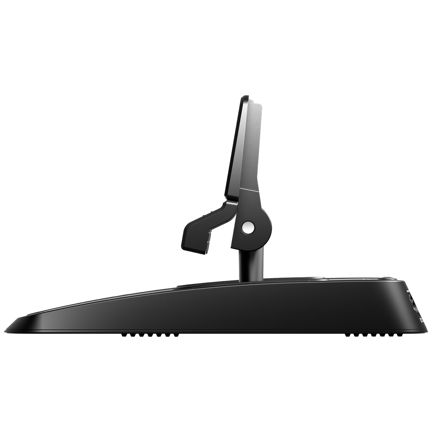 Side view of a black electronic device with a fold-out stand and buttons.