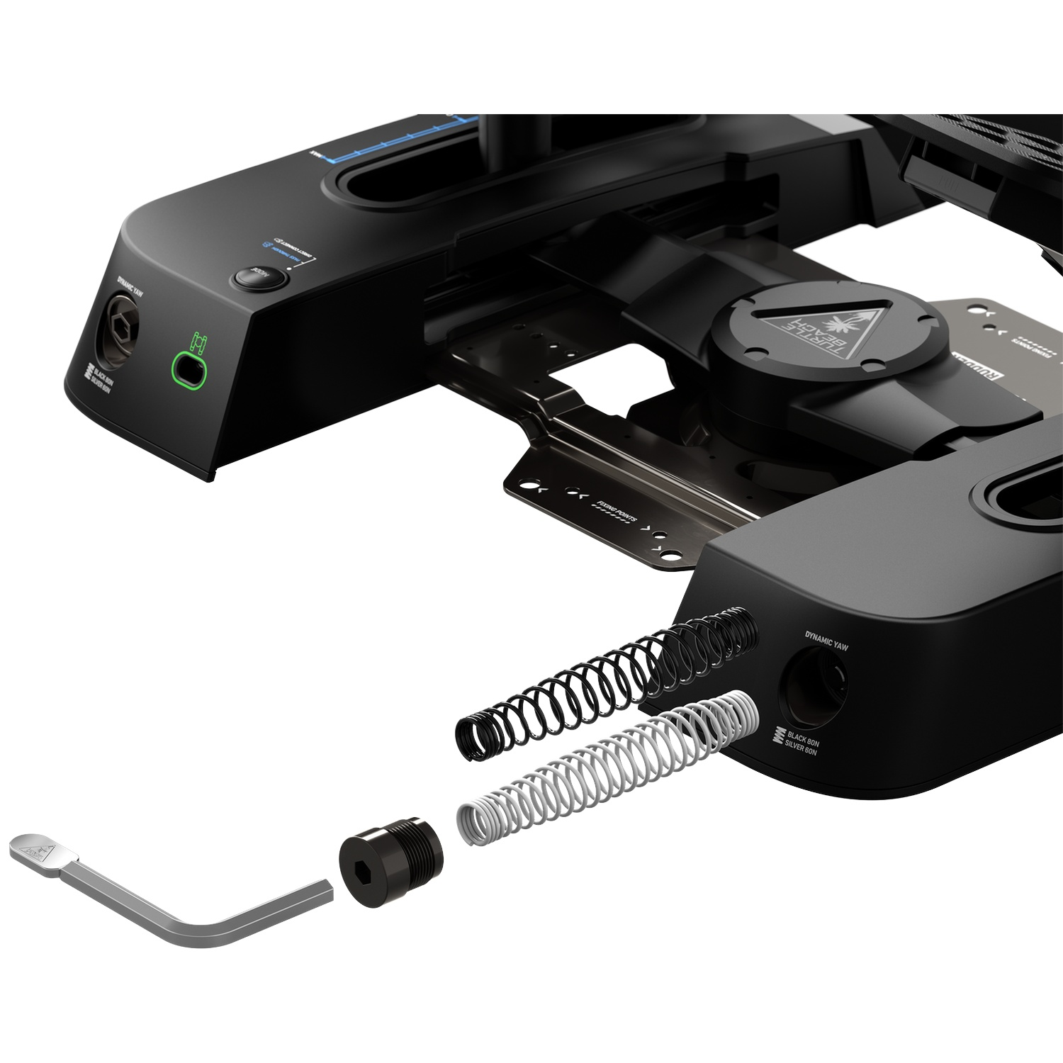 Black flight simulator rudder pedal unit with interchangeable springs and tool in front.