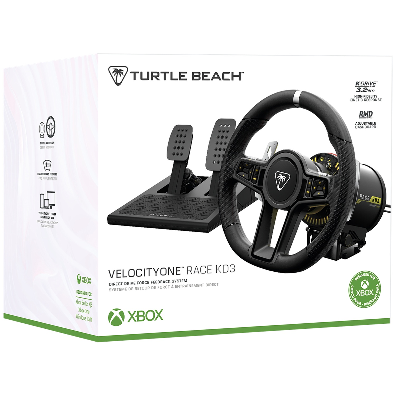 Turtle Beach VelocityOne Race KD3 steering wheel and pedals in a box for Xbox and Windows.