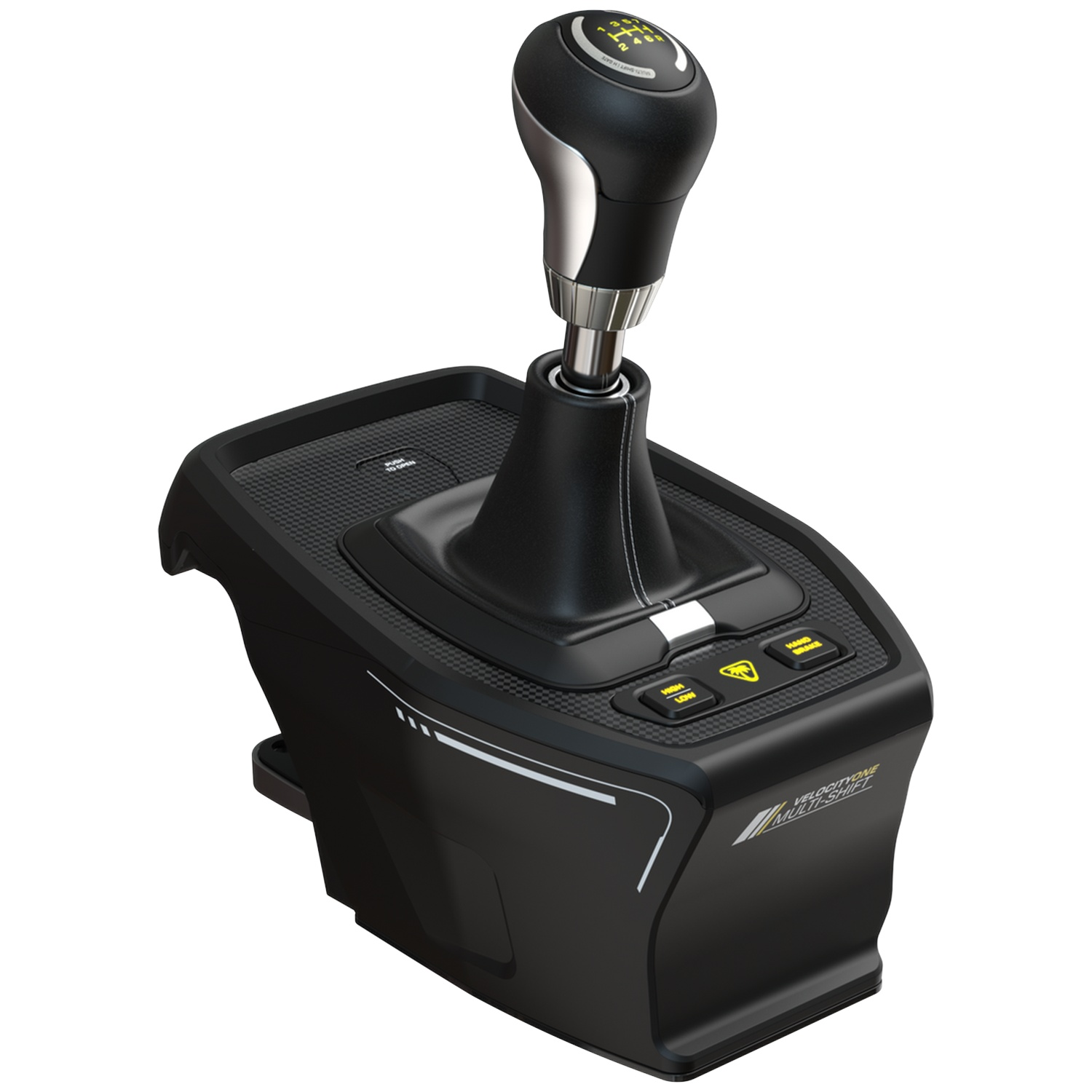 Black gaming gear shifter with knob, buttons, and textured base.