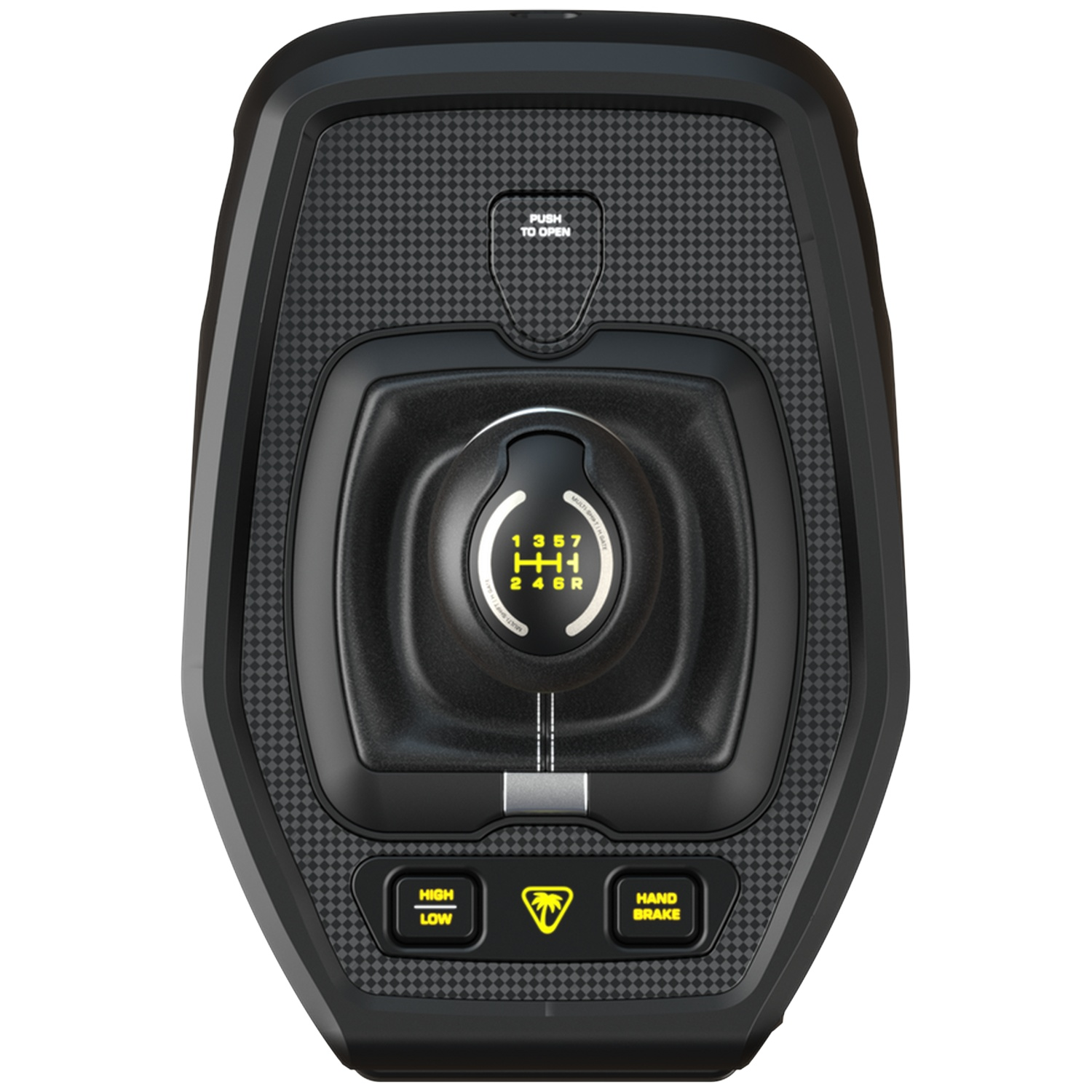 Black racing simulator gear shifter with shift pattern and buttons on carbon texture.