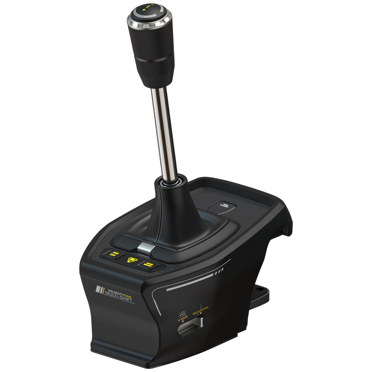 Black racing simulator gear shifter with a silver shaft, textured knob, and control buttons on the base.