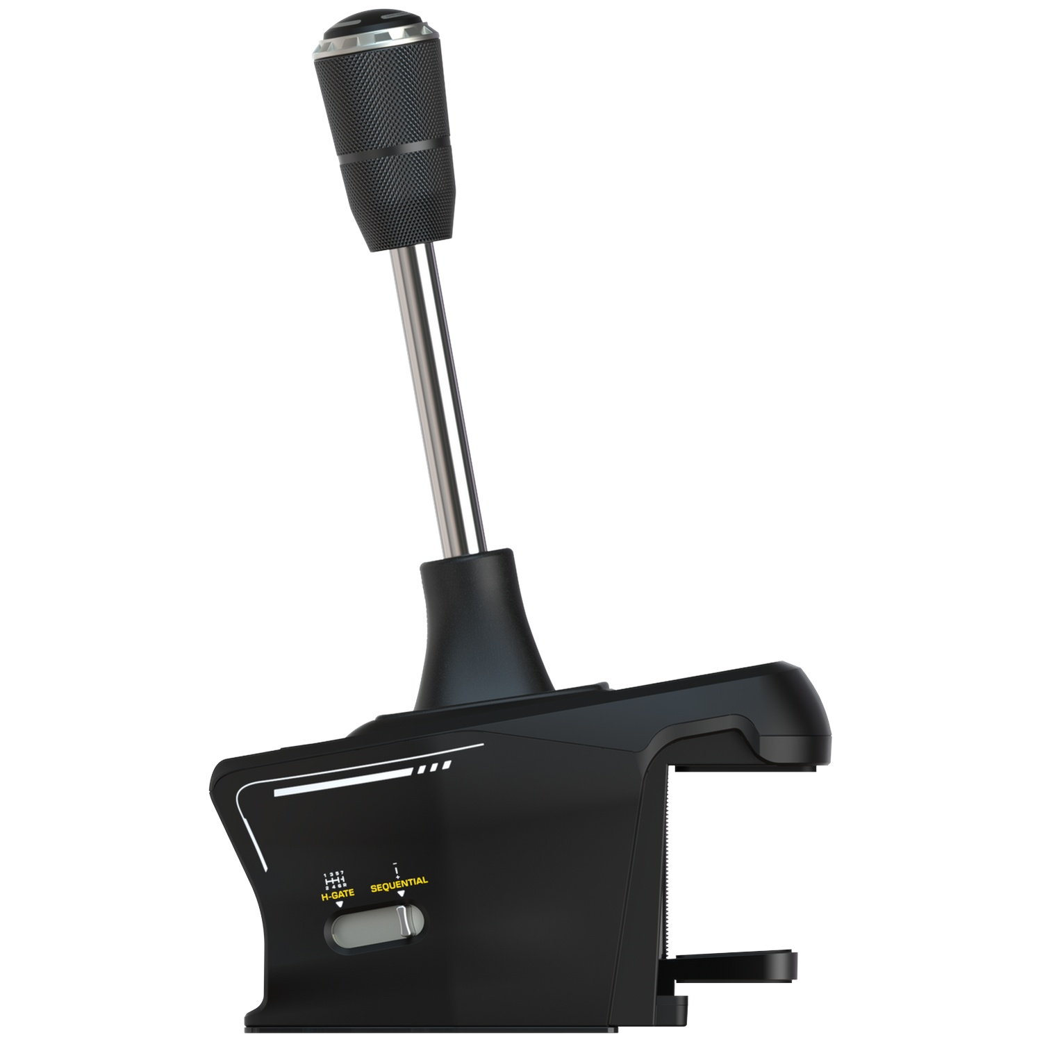 A black gaming gear shifter with a silver knob and mounting clamp against a white background.